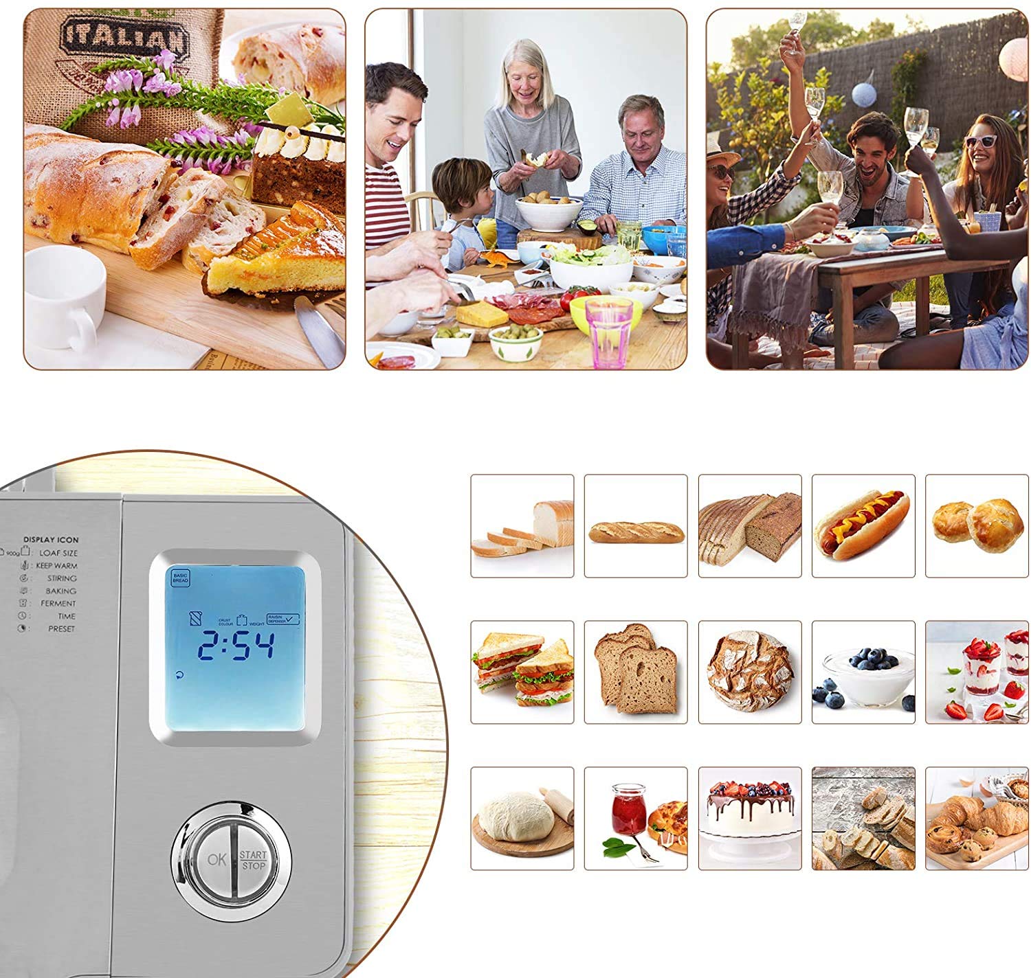 COOCHEER Brotbackautomat mit Kapazität bis zu 900 g, intelligente und automatische Programme, 3 Brotgrößen, 550 W, 36 x 22 x 30 cm, silber