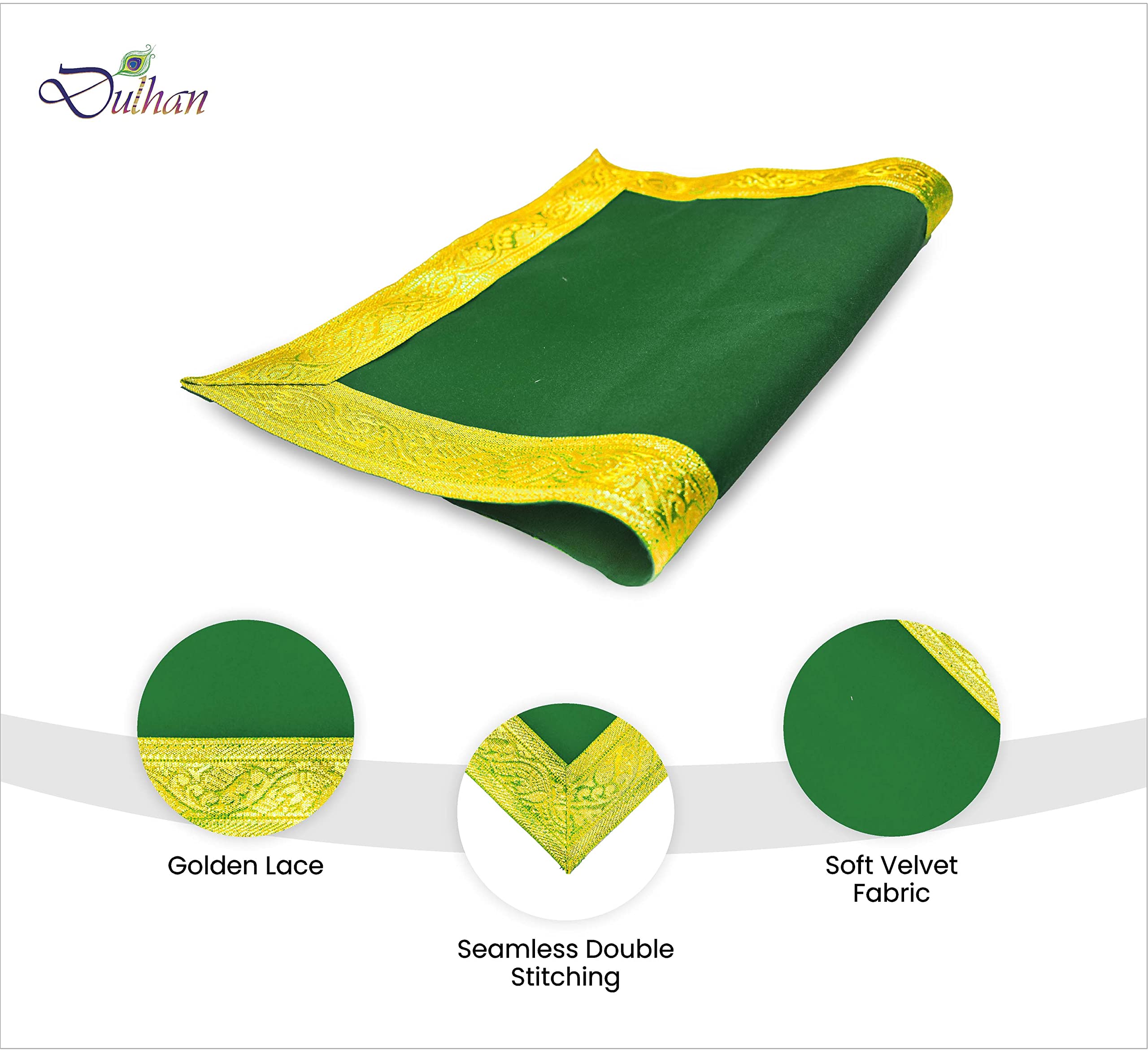 Dulhan Velvet Pooja Cloth Aasan for Mandir, Temple Altar Cloth with Golden Border Color (Green) Size (12 * 12 in) Pack of 2 2