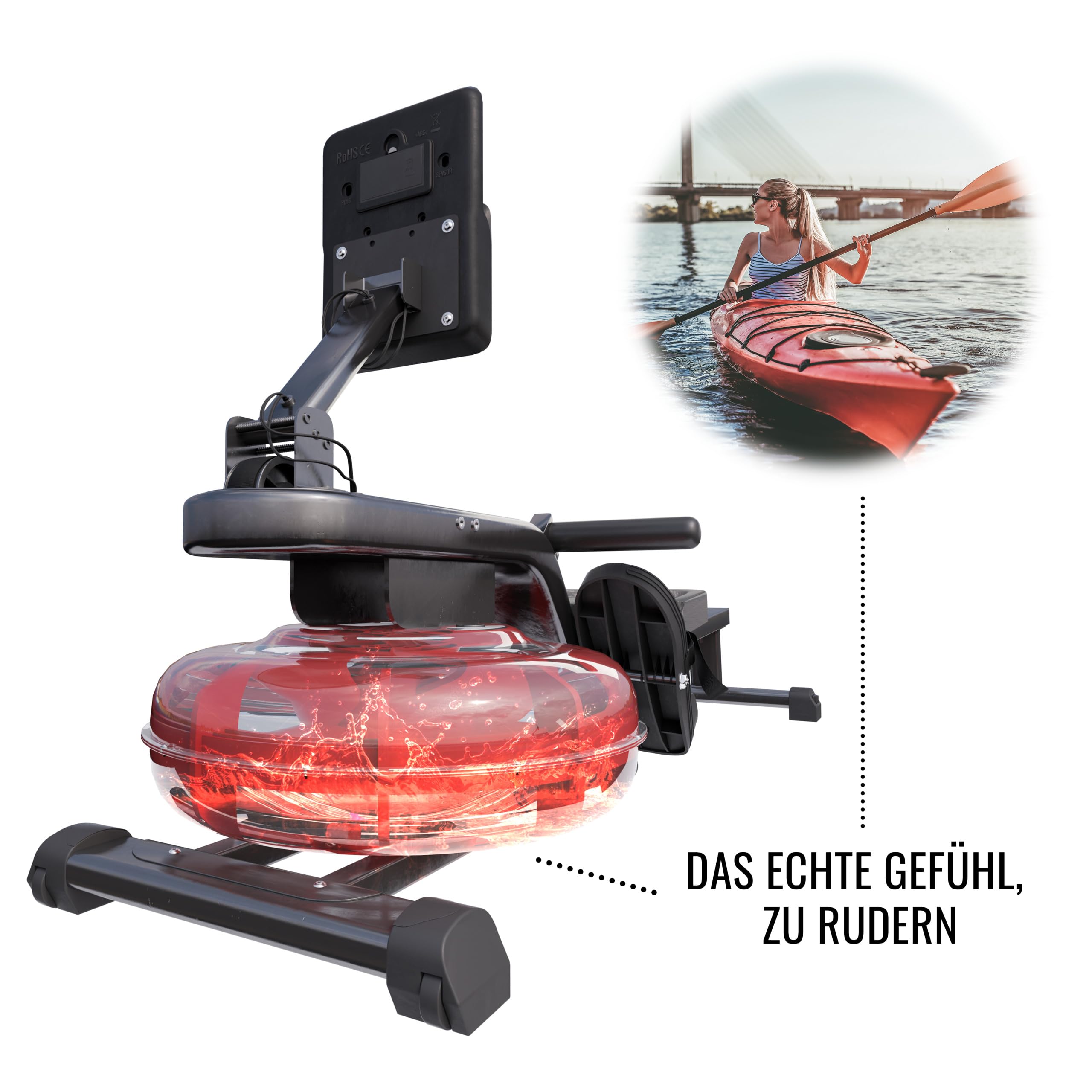 GORILLA SPORTS® Vogatore - ad Acqua, Pieghevole, Resistenza Idraulico, Regolabile, con Monitor LCD, Super Silenzioso, Guida di Scorrimento in Acciaio - Rematore, Cardio, Allenamento, Palestra Casa