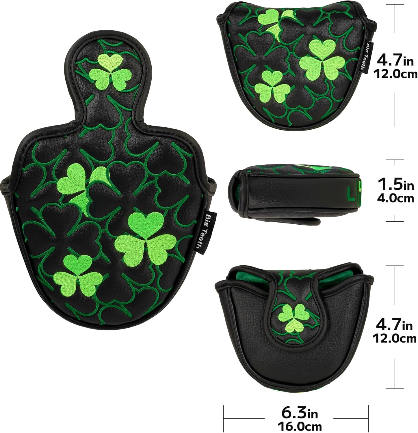 Big Teeth Golf Putter Covers Mallet Putter Headcover Magnetic Closure, Shamrock Putter Cover Headcover Black Leather Mallet Putter Covers for 2 Ball Putter