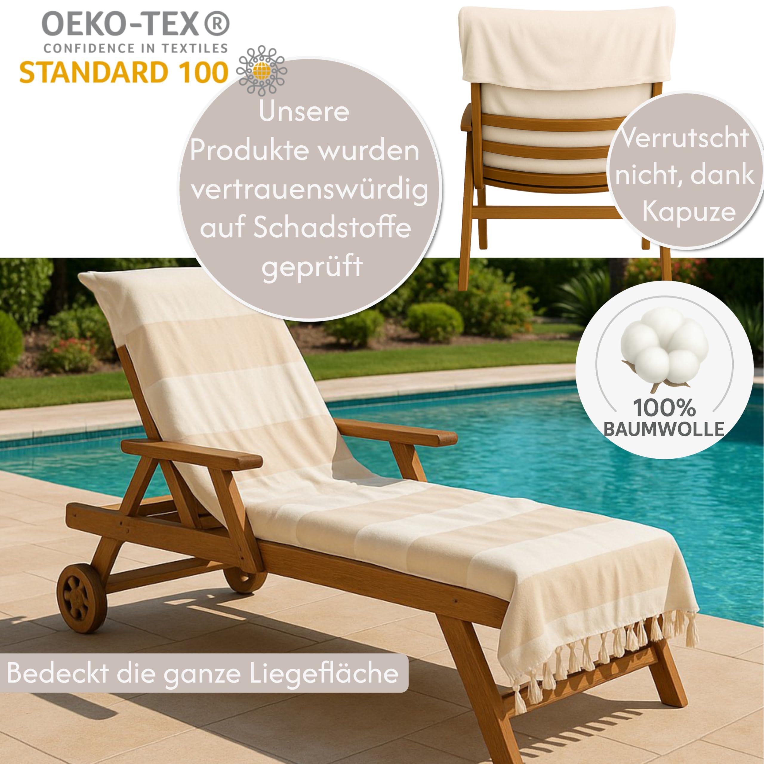 Handtuch für Sonnenliege 200x70cm - mit Kapuze 100% Baumwolle Schonbezug für Gartenliege Liegenhandtuch mit Umschlag Liegestuhl Bezug Liege Strandliege (Braun/Natur)
