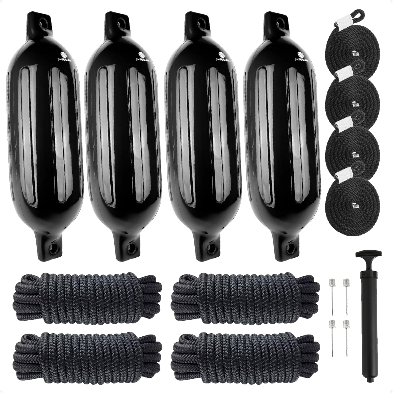 Five Oceans Twin Eye Ribbed Boat Fender Kit, Inflatable Boat Bumpers for Docking with Fender Lines 3/8-Inch x 5Ft, Multiple Size