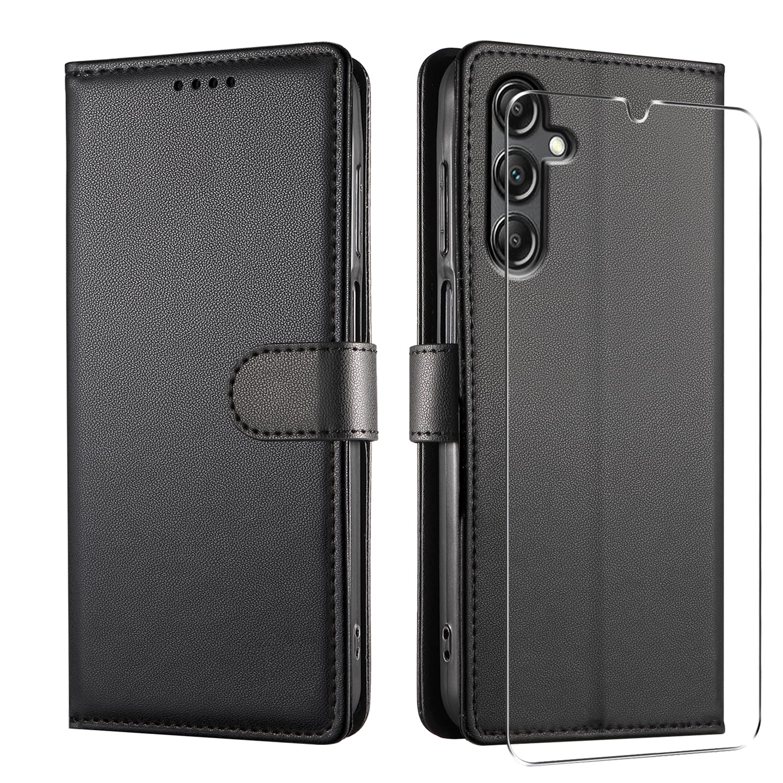 Cover per Samsung Galaxy A17 (5G/4G) / A16 (5G/4G) / A26 5G con Vetro Temperato, Custodia a Libro Portafoglio Flip Case in Pelle PU di Alta Qualità [Protezione Blocco RFID] - Nero