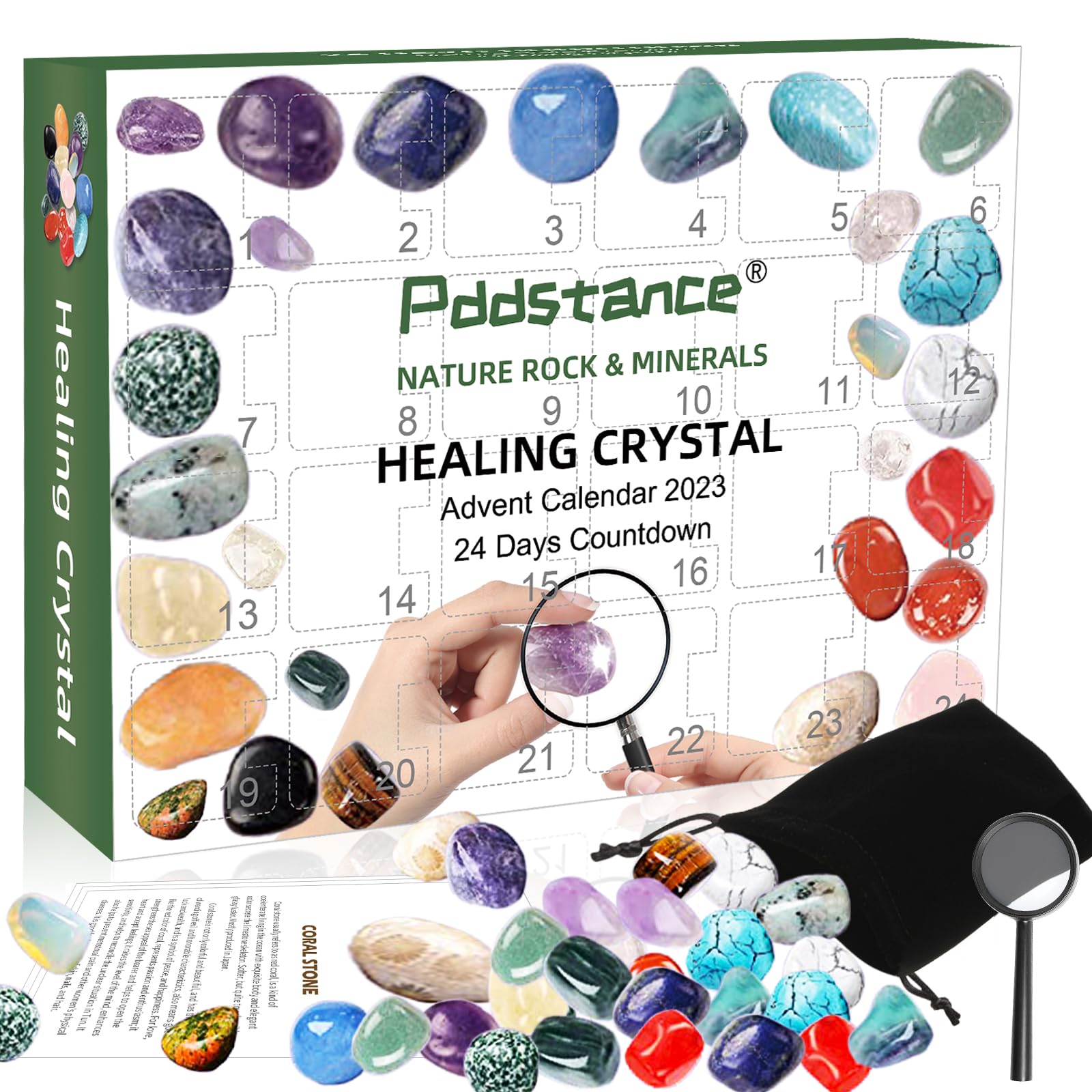 Crystal Advent Calendar 2023, 24 Days Christmas Countdown Natural Ore Toys Collection Kit for Xmas Home Garden Decoration, Novelty Surprise Gift Box with Explanation Card PU Storage Bag Magnifiers