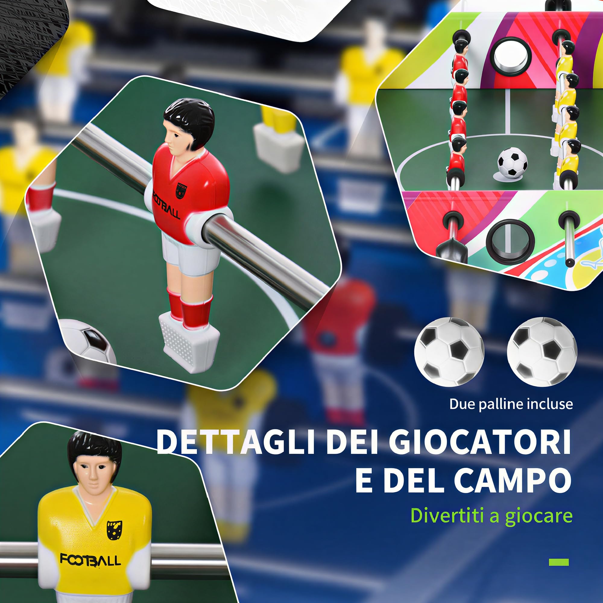 HOMCOM Calcio Balilla Classico con 2 Palline 86.5x43.5x63 cm Multicolore | 2 Tabelloni Segnapunti, Tavolo da Gioco, MDF, Acciaio Inox, Plastica