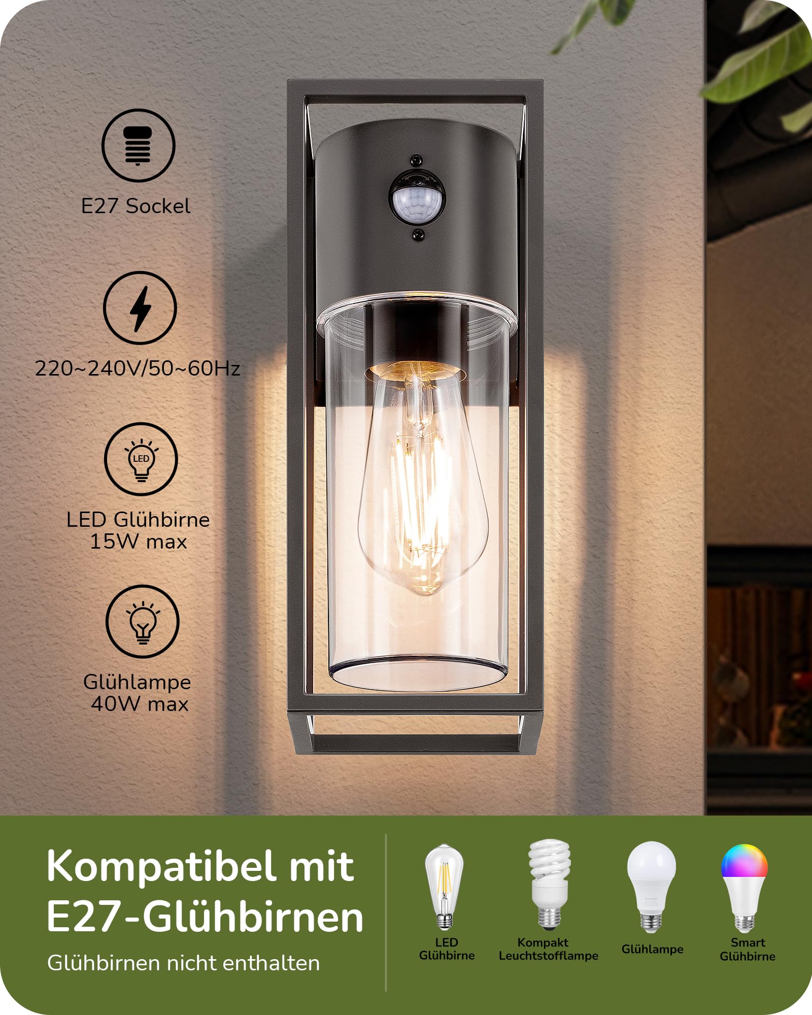 EDISHINE Zewnętrzna lampa ścienna z czujnikiem ruchu, gniazdo E27, wodoodporna IP44, lampa ścienna z aluminium i szkła hartowanego do ogrodu, na taras, fasadę, żarówki nie są dołączone, antracytowa