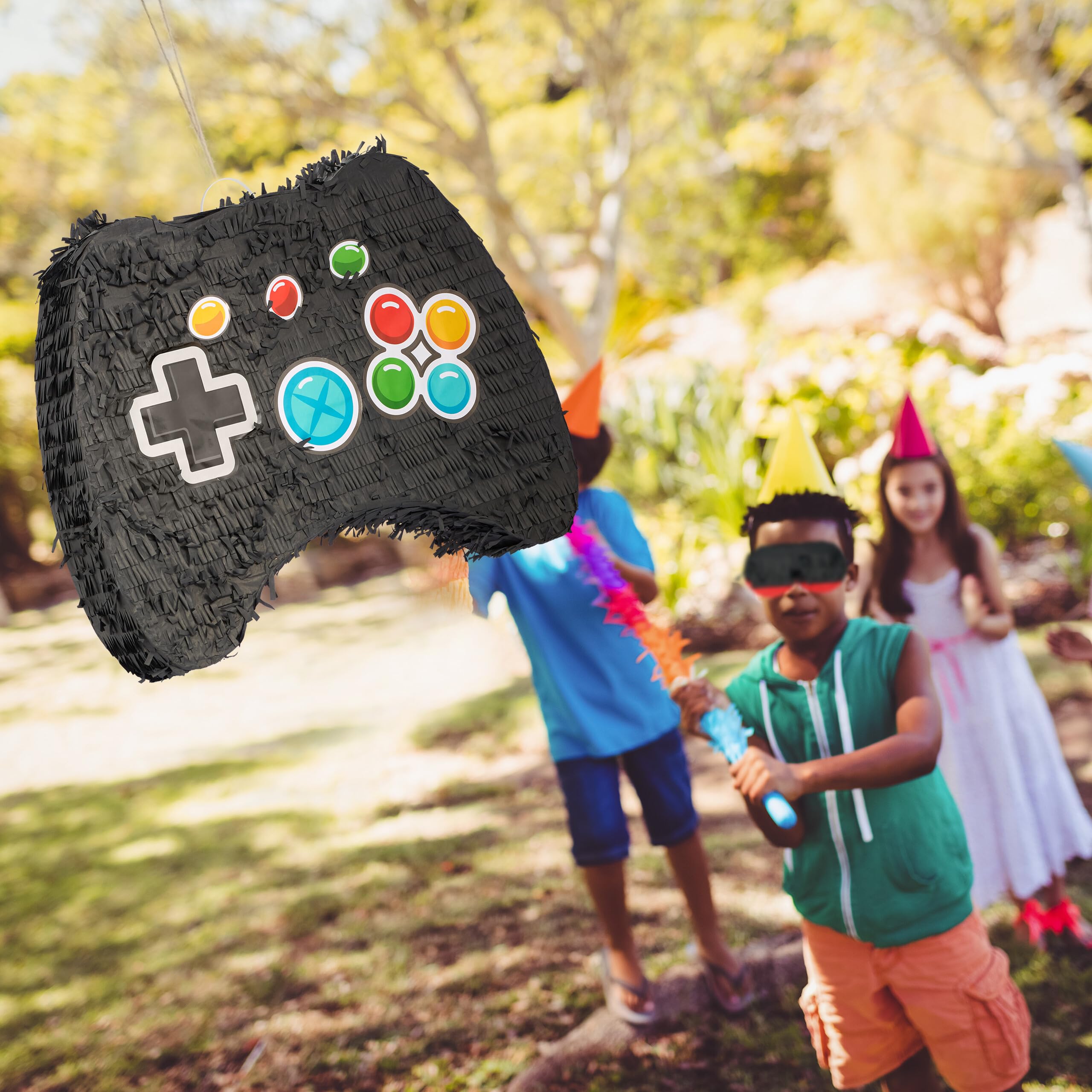 Relaxdays Pignatta Set Bastone e Maschera, Piñata Joystick Vuota, Gioco per Festa di Compleanno Bambini, Multicolore