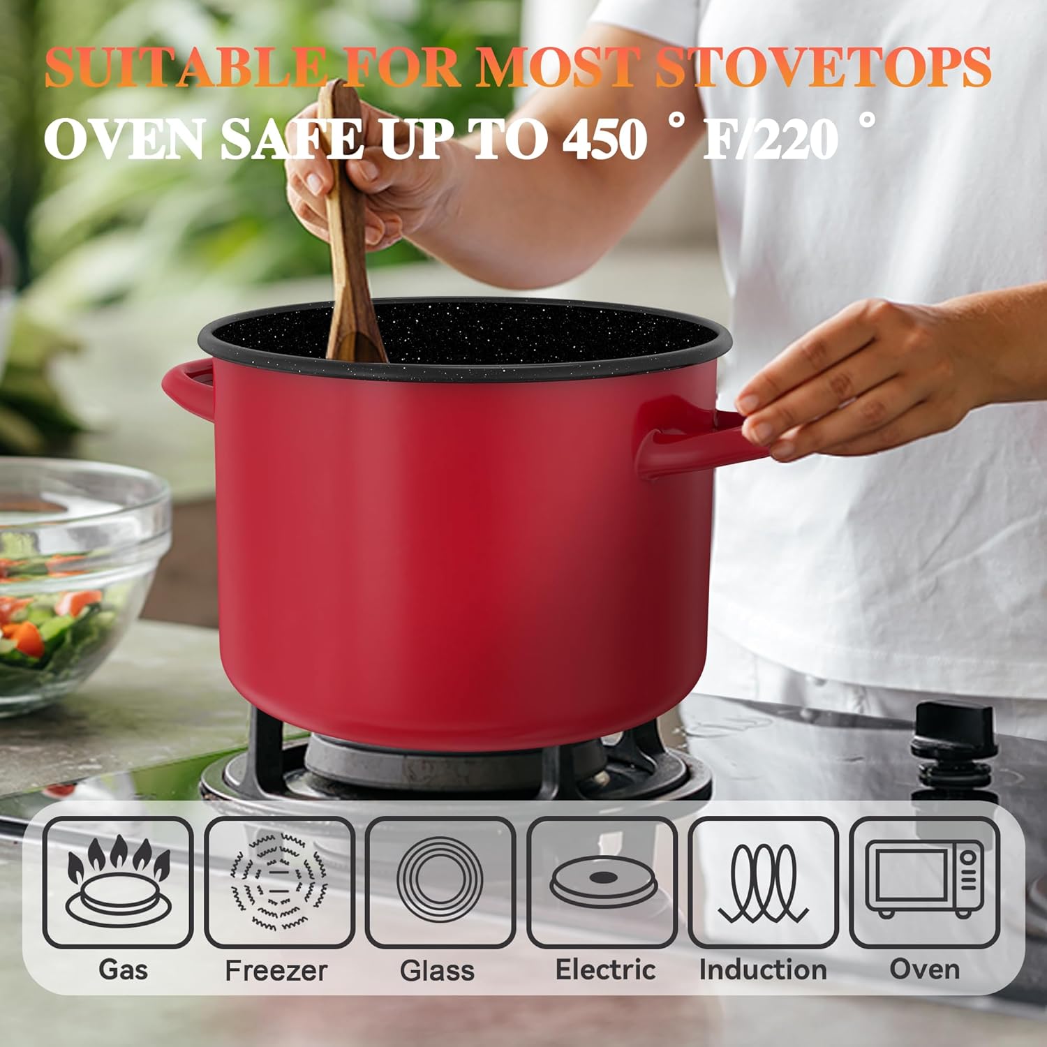JW Joware 7.5 Quart Stock Pot, Nonstick Stock Pot With Lid, Speckled Enamel Stock Pot with Lid, Large Stock Pot For Cooking, Red & Black