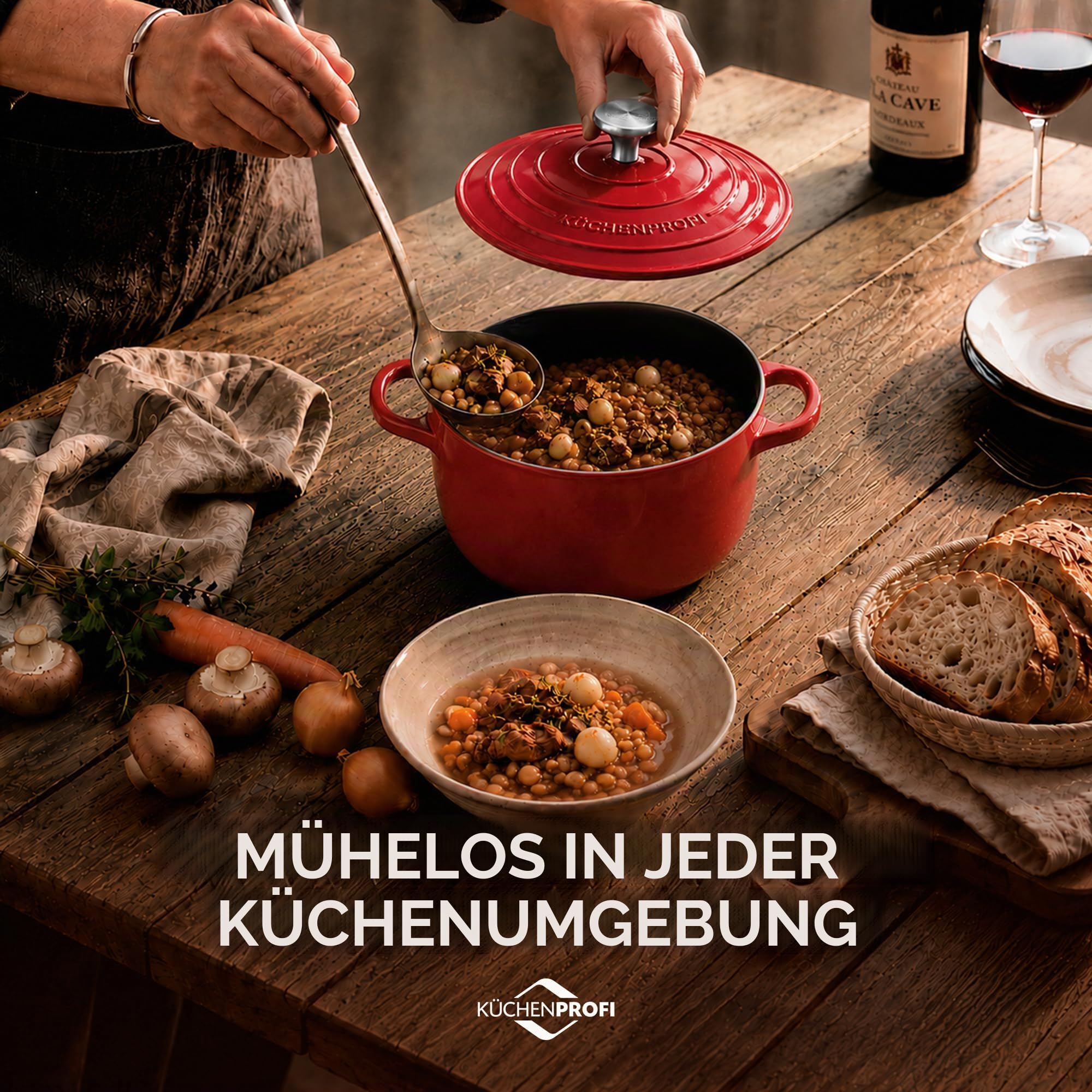 Küchenprofi Bratentopf Provence mit Deckel aus Gusseisen in der Farbe Rot Fassungsvermögen 4,2L, Maße: 24cm x 11,3cm, 04 0100 04 24