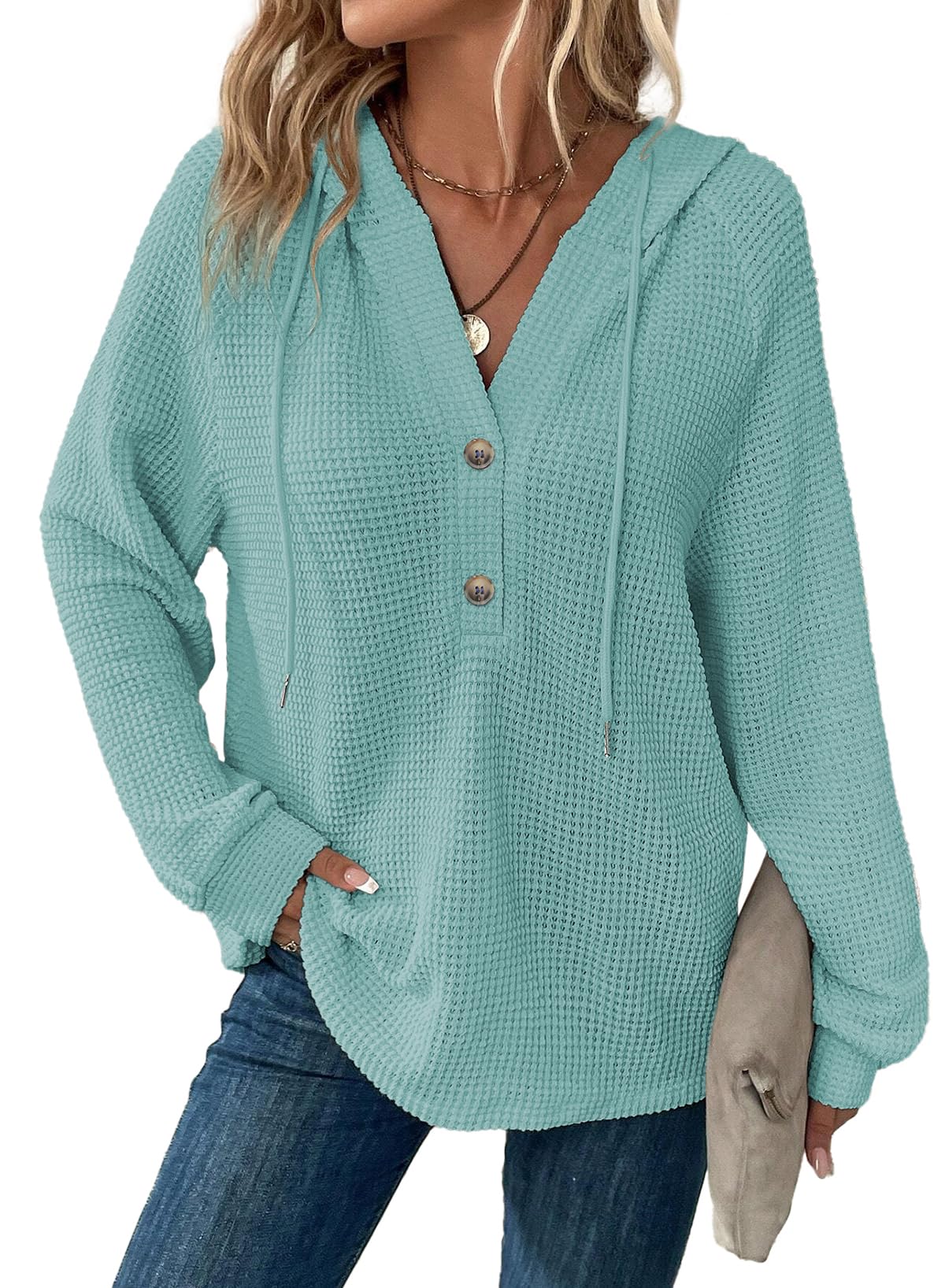 Dokotoo Hoodies for Women Waffle Knit Button V Neck Casual Sweatshirt Tops