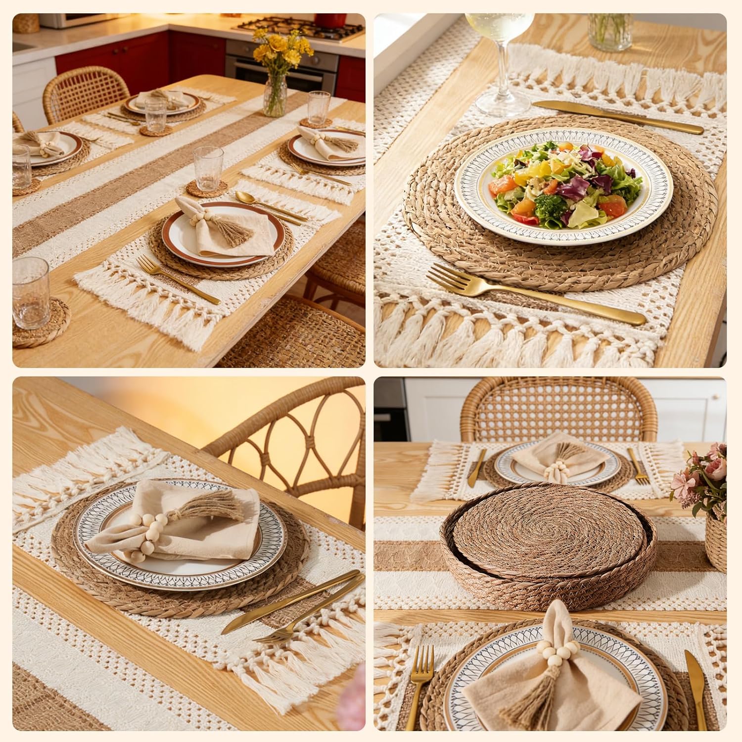 32 Pcs Boho Placemats Table Setting Set (6 Sets),Hand-Woven Natural Water Hyacinth Mats,Cloth Napkins,Napkin Rings,Linen Runner,Storage Basket&Coasters,Boho Kitchen Decor Dining Table Decor