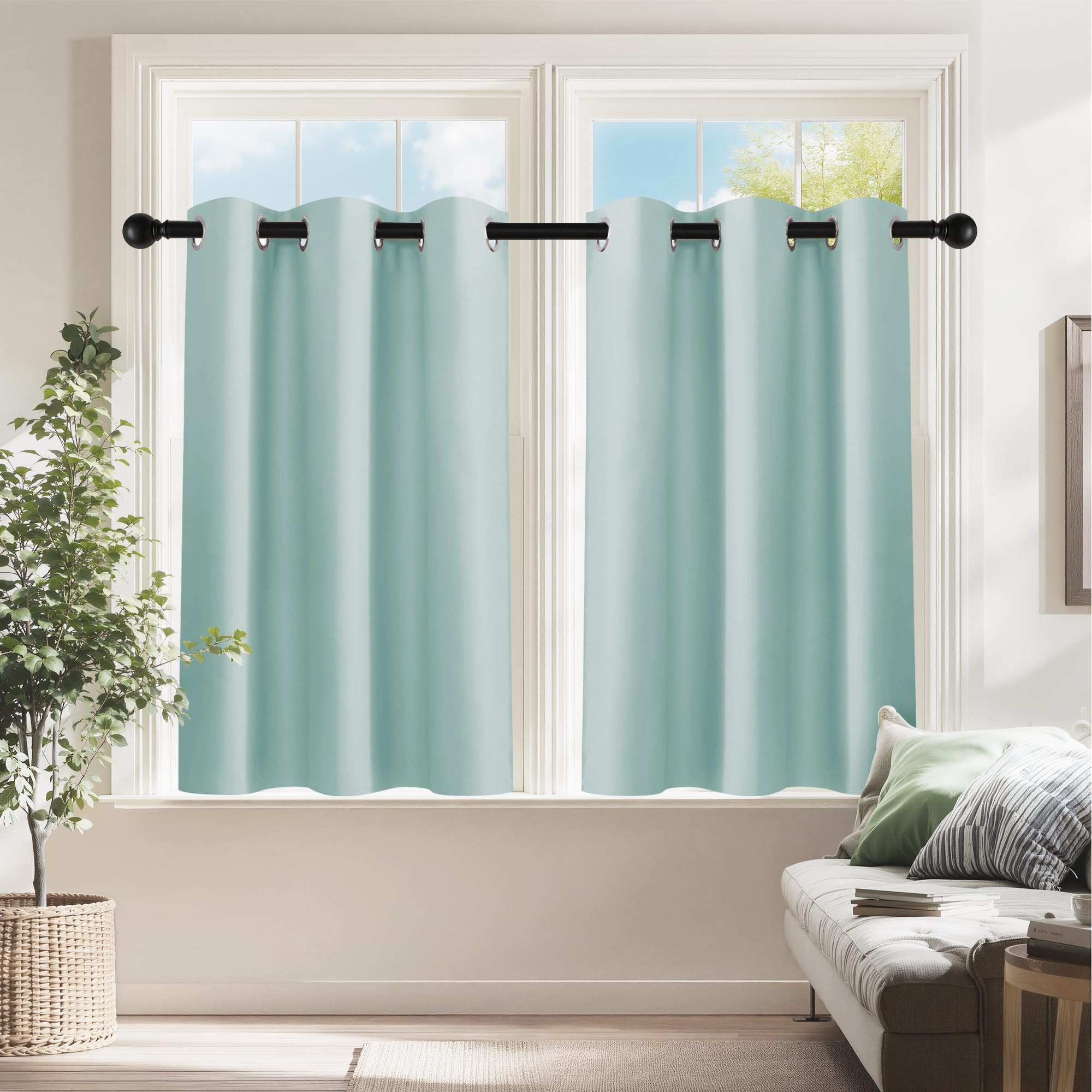 PONY DANCE Aqua Short Blackout Curtains 36 inch Length for Kitchen, 2 Pcs