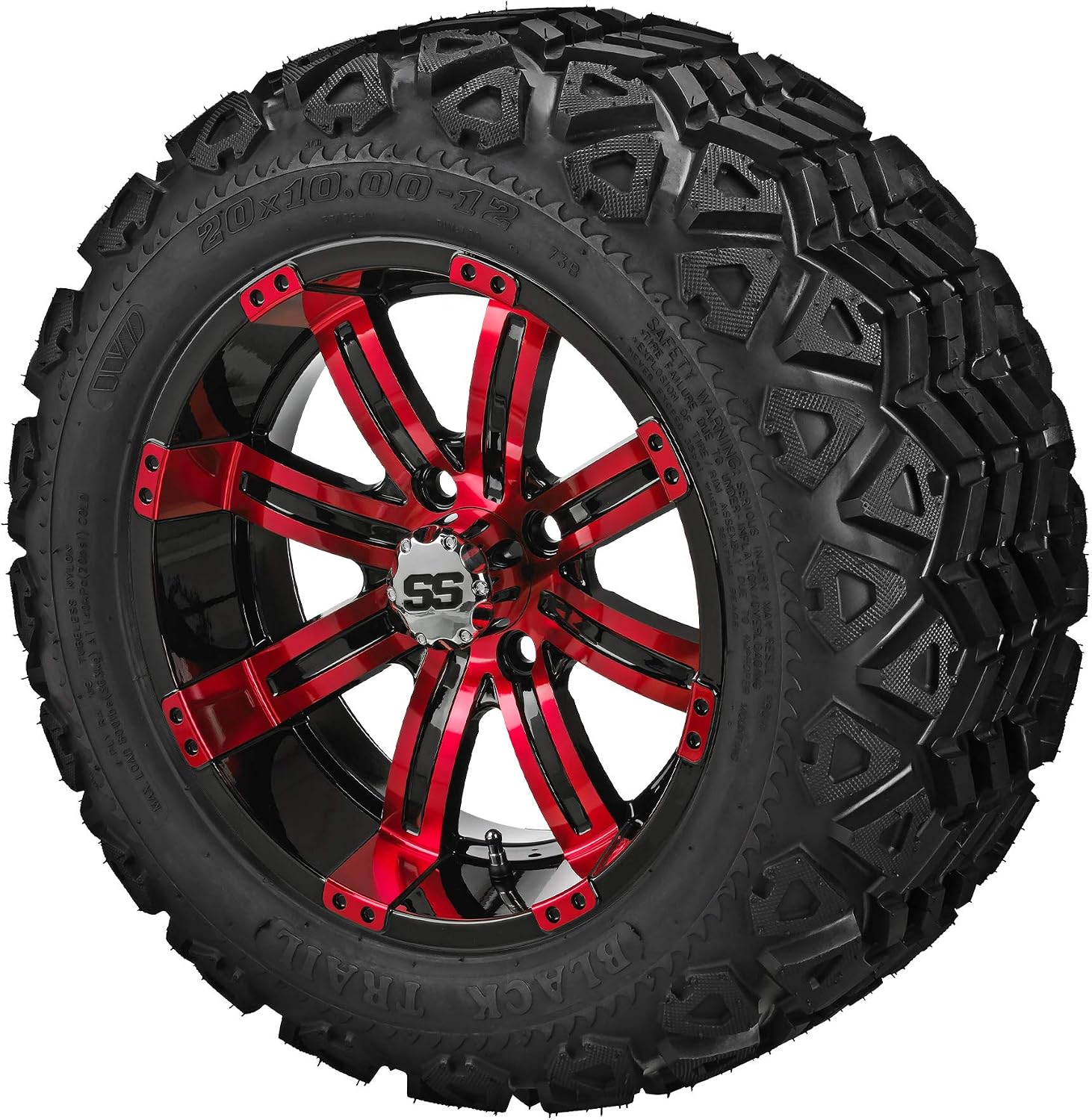 RM Cart 12" Casino Black/Machined on 20x10-12 Black Trail Tires (Set of 4) | Golf Cart Tires and Wheels Combo with Standard Lug Nuts