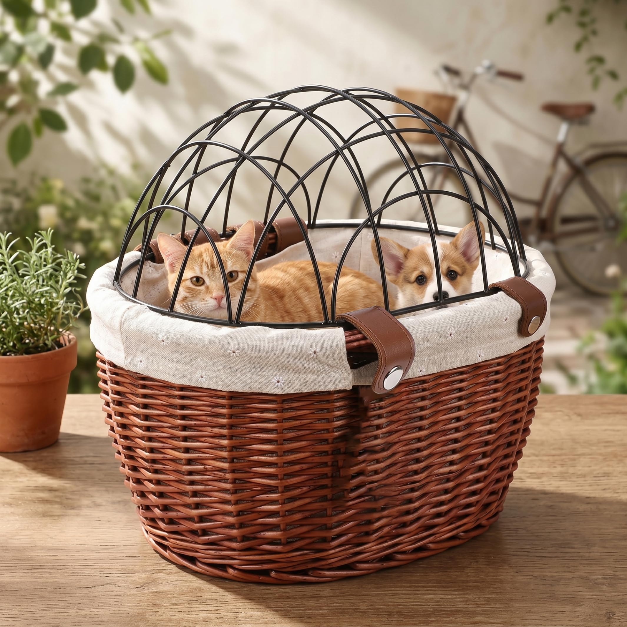 Cestino da bici per cani - Trasportino per animali in vimini intrecciato a mano con coperchio in ferro e cinghie di sicurezza pelle, marrone vintage