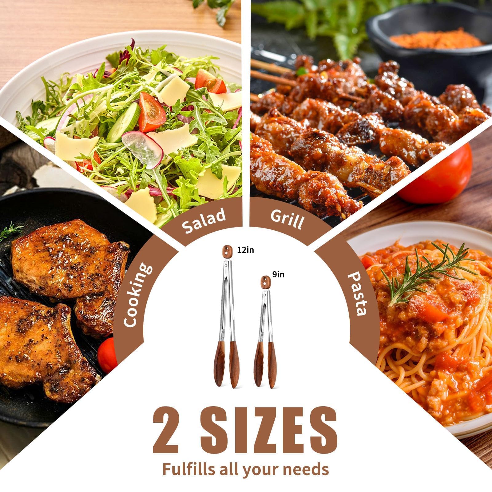 Set di 2 pinze da cucina in legno, resistenti al calore, con impugnatura antiscivolo, utensili per grigliare e servire, in legno di noce naturale con chiusura a scatto, per barbecue e insalate