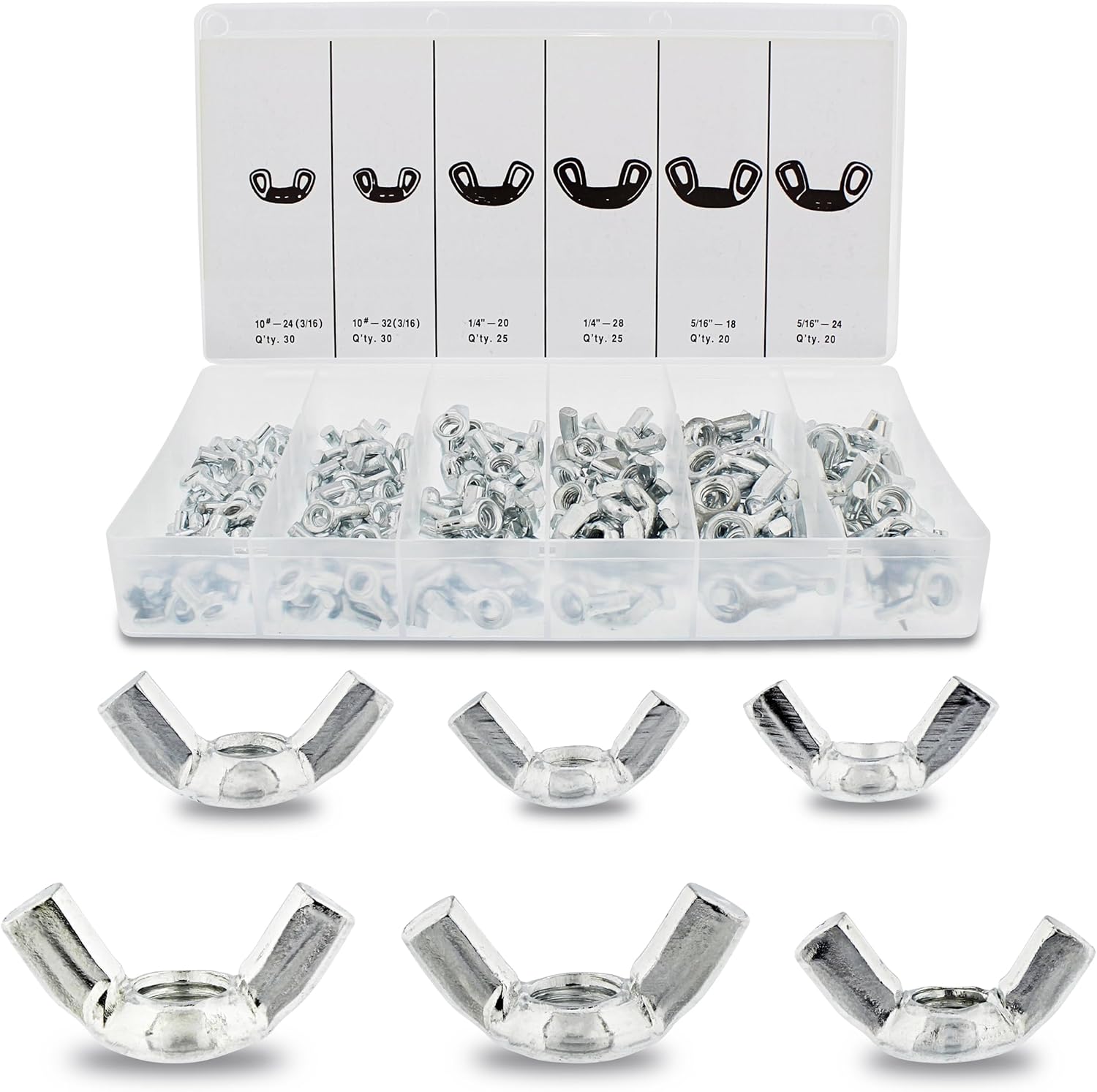 ABN Wing Nut Assortment Set - 150pc Standard SAE Steel Wall Anchors Wing Nuts for 3/16in, 1/4in, and 5/16in Bolts
