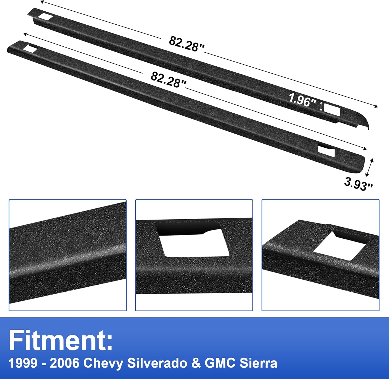 Truck Bed Rail Caps Compatible with 1999-2006 99-06 Chevy Silverado & GMC Sierra 1500 2500 3500 (Classic only), w/Holes 6'6" Bed Black Truck Side Rail Protectors (Set of 2)