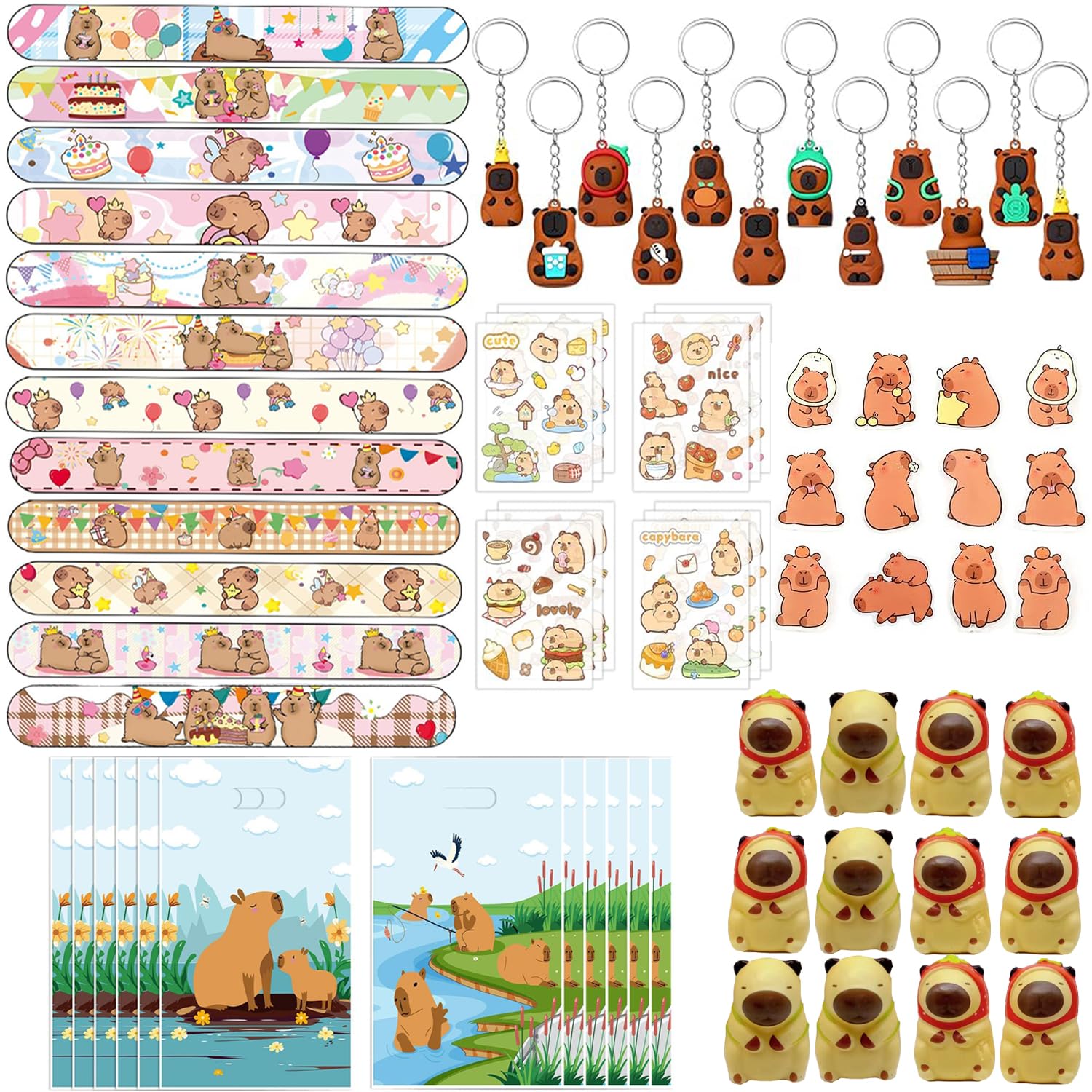 Capybara Party Return Gift Supplies Set Including Gift Bags, Stickers, Keychains, Wristbands, Badges for 12 Guests Birthday Party Decorations Supplies Goodie Bag Pinata Fillers Stuffers Rewards