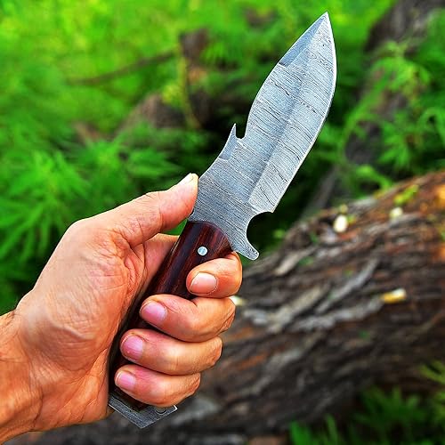 Miniatura 4 de Cuchillo de caza con funda de cuero  Gancho intestinal hecho a mano, cuchillo de acero de Damasco de espiga completa  Cuchillo de hoja fija