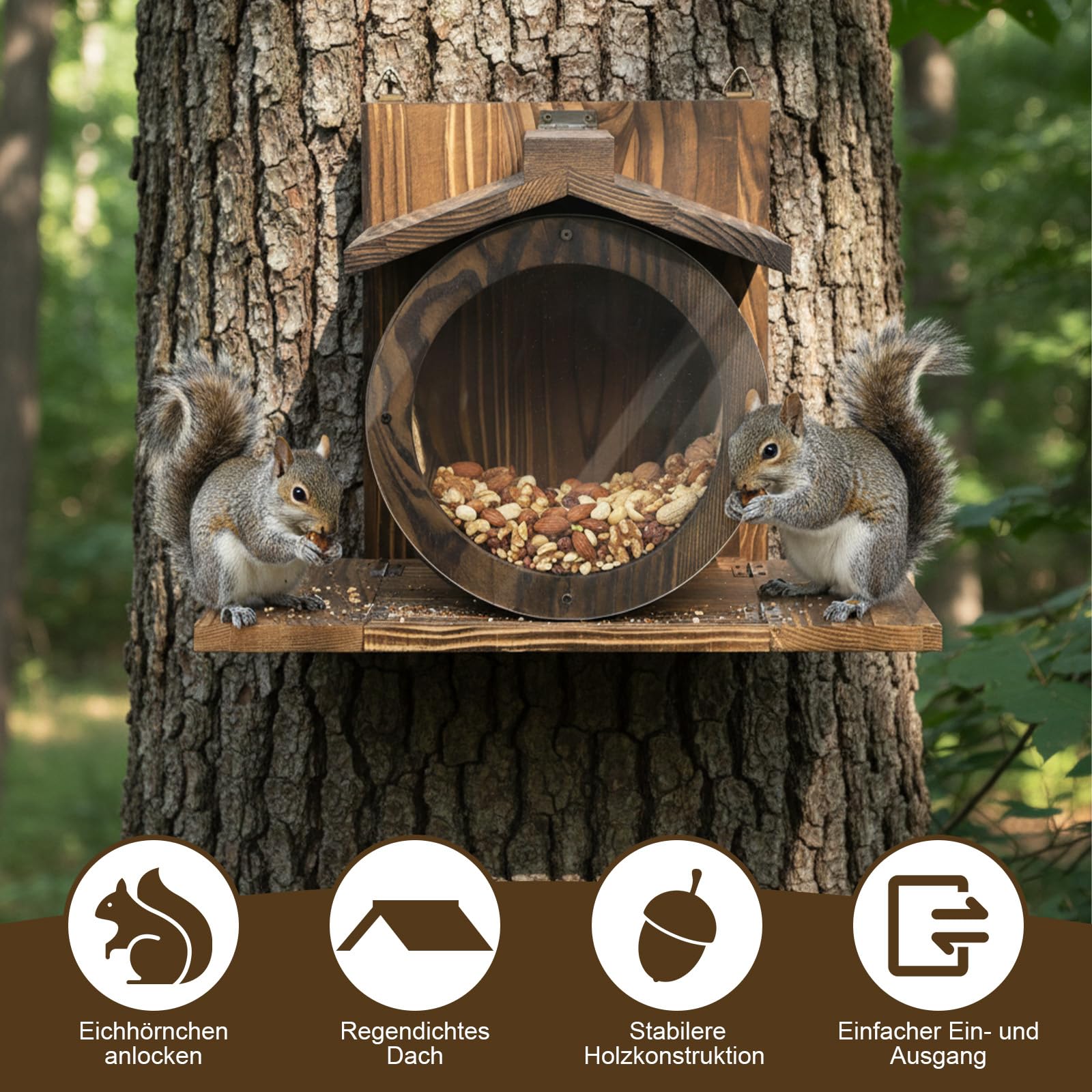 Eichhörnchen Futterhaus aus Holz, wetterfestes Dach, transparentes Fenster, für Bäume und Zäune