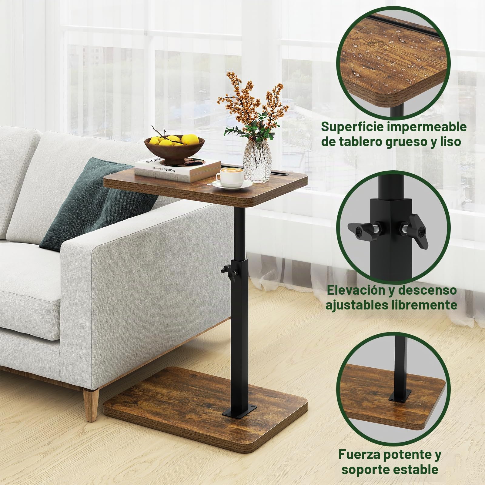 IBUYKE Mesa Auxiliar en Forma de C, Mesa Auxiliar giratoria de 360° en Altura Ajustable para Espacios pequeños, con Ranura para teléfono y Tableta, Mesa de café para sofá/Cama, Marrón TVT003H