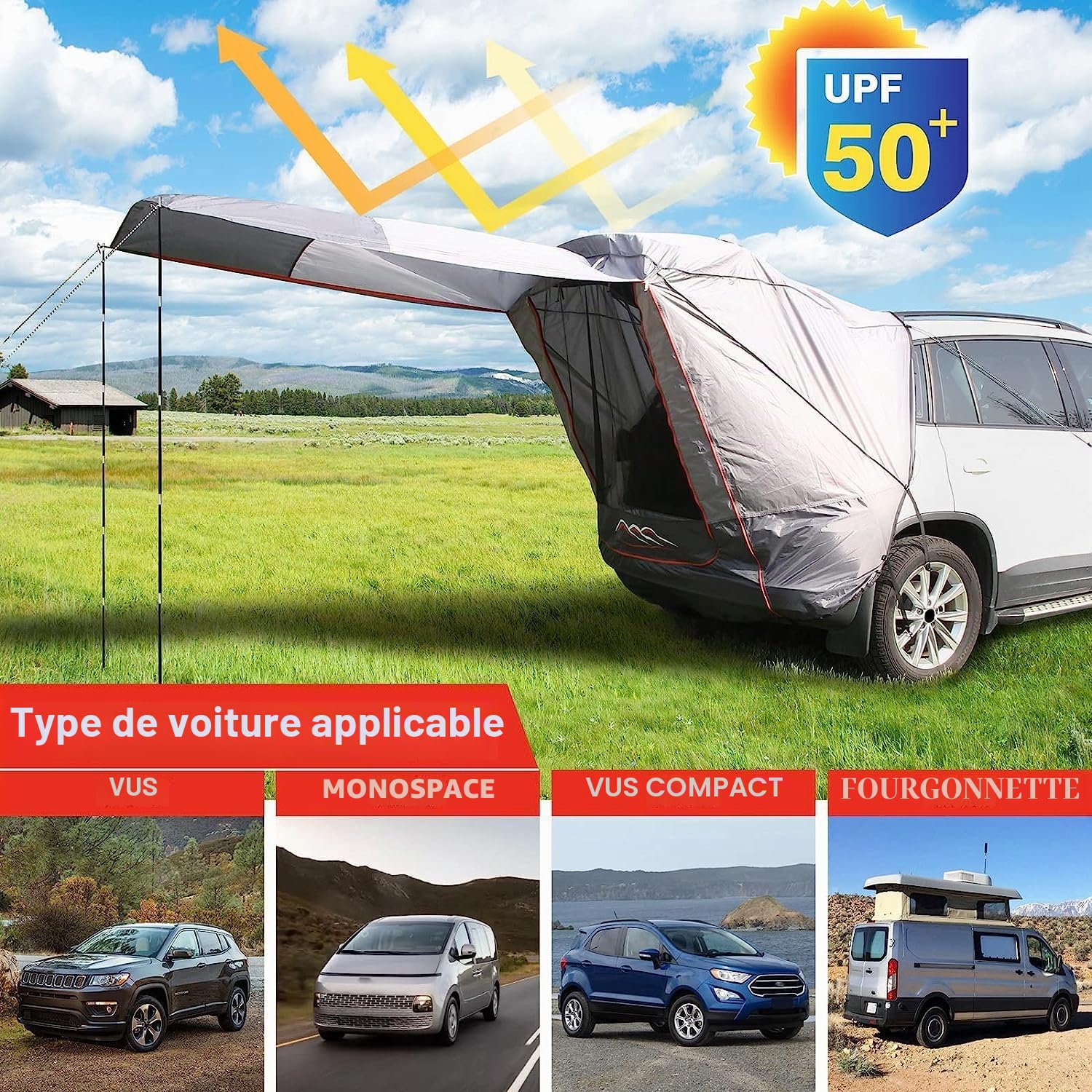 Tente de hayon pour SUV – Universelle étanche 3000 mm, protection solaire UPF 50+, installation instantanée, abri de camping pour l'extérieur, la pêche et les festivals