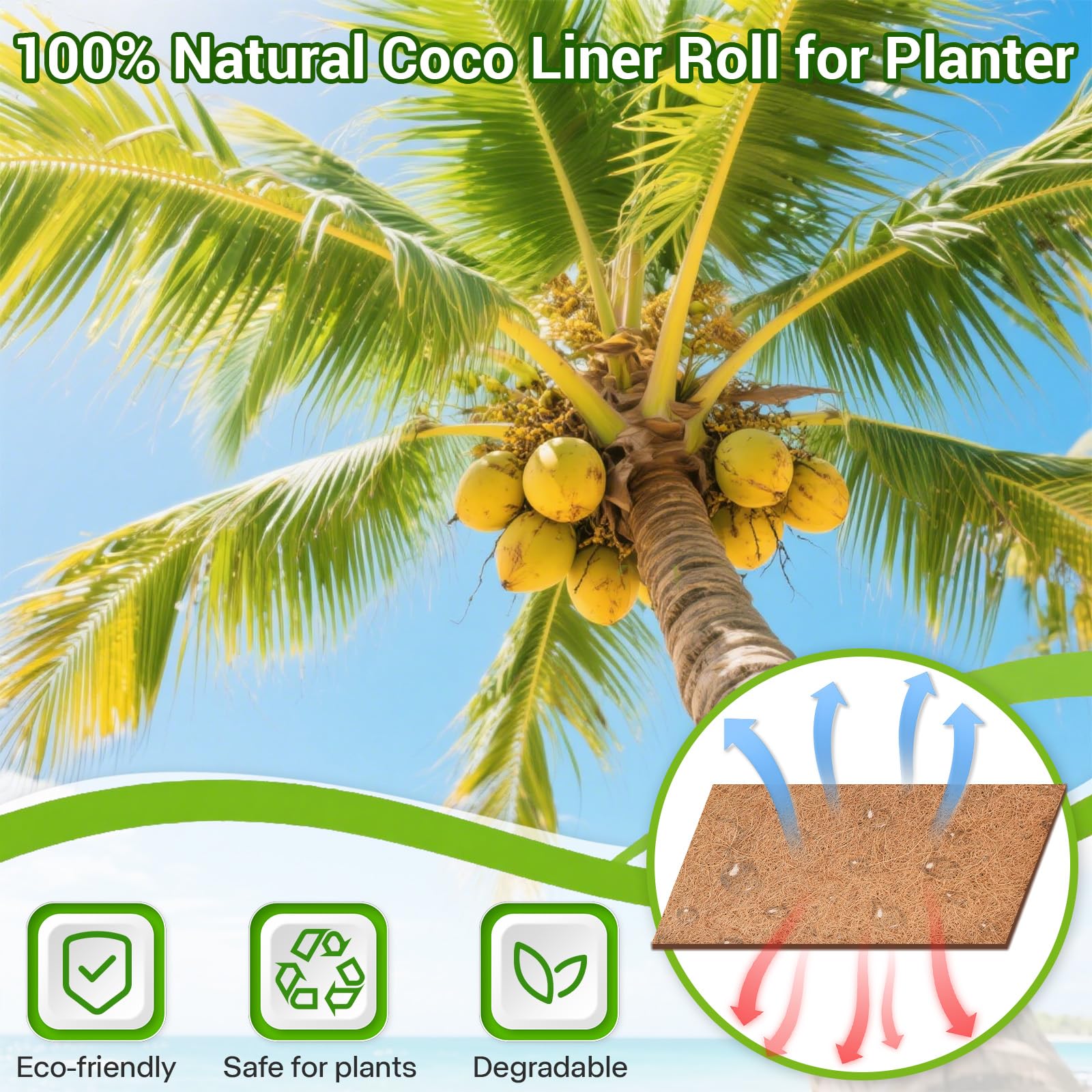 Rotolo di rivestimento in cocco naturale, 61 x 300 cm, per fioriere, cesti di fiori, tappetino in fibra di cocco spessa per cesti appesi, decorazione da giardino, tappetini per animali