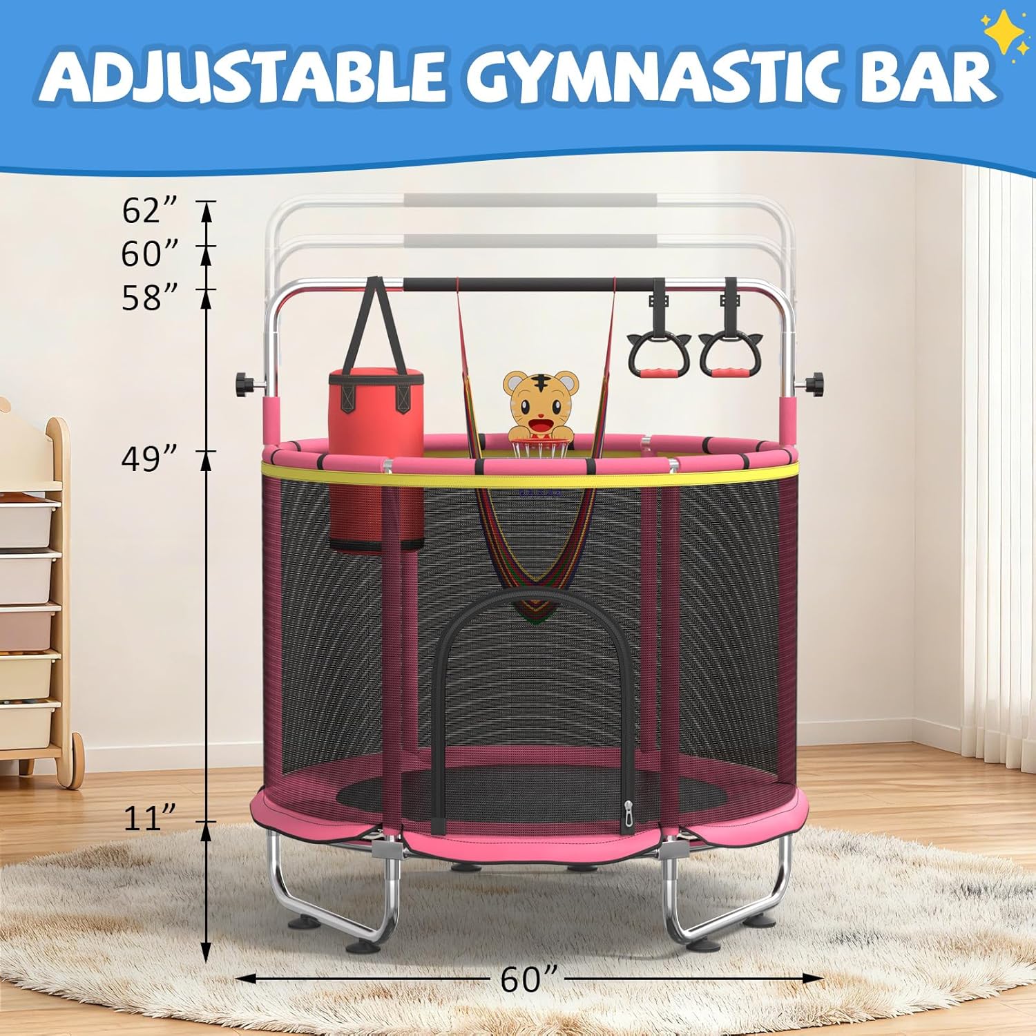 60" Toddler Trampoline, Trampoline for Kids Indoor Outdoor, 500lbs Capacity Mini Trampoline with Enclosure Net, Adjustable Gymnastics Bar&Toys, Trampolines for Toddler