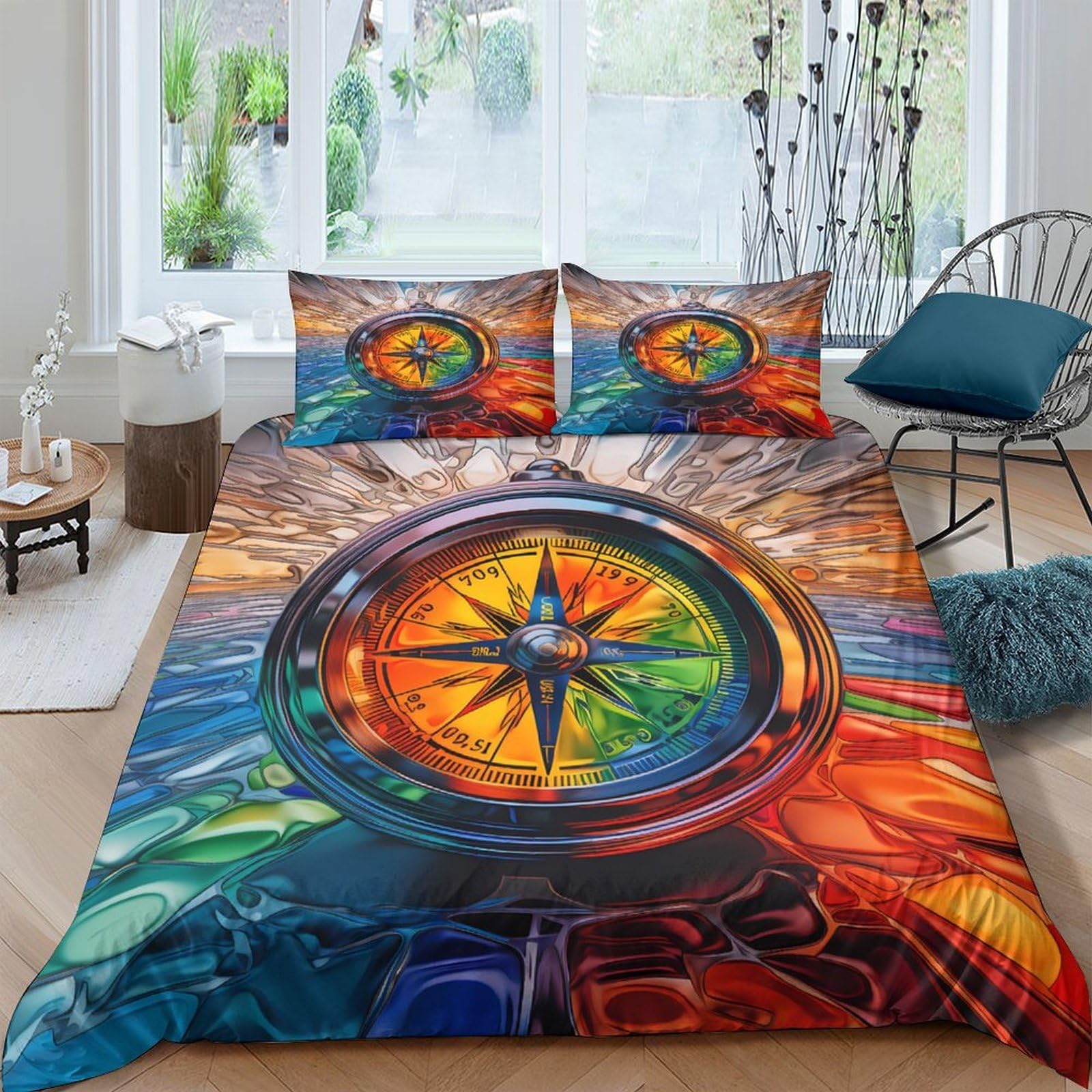 Ctjqhvkz Style-8 3D Printed Compass Rainbow Fitted Sheet Microfiber Soft Slip-Resistant Abstract Bed Cover For Bedroom Guestroom Single（135X200cm）