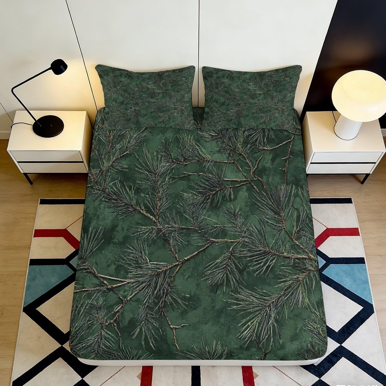 3D Printed Pine Forest Fitted Sheet Microfiber Soft Breathable Green Branch Mattress Cover for Bedroom Guest Room Decor 160x200x25cm