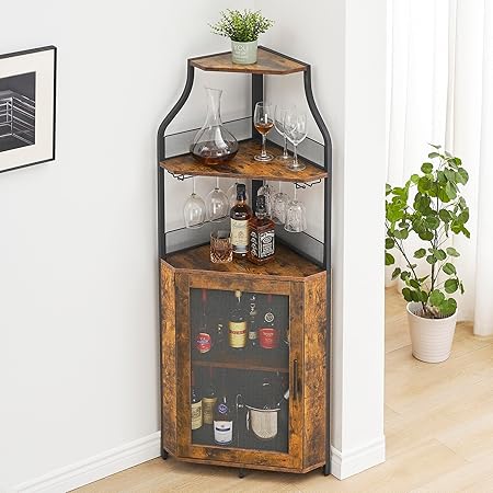 Amyove Corner Wine Bar Cabinet with Detachable Wine Rack, Industrial Wine Cabinet with Glass Holder, Small Sideboard and Liquor Coffee Bar Cabinet with Mesh Door, Retro Brown