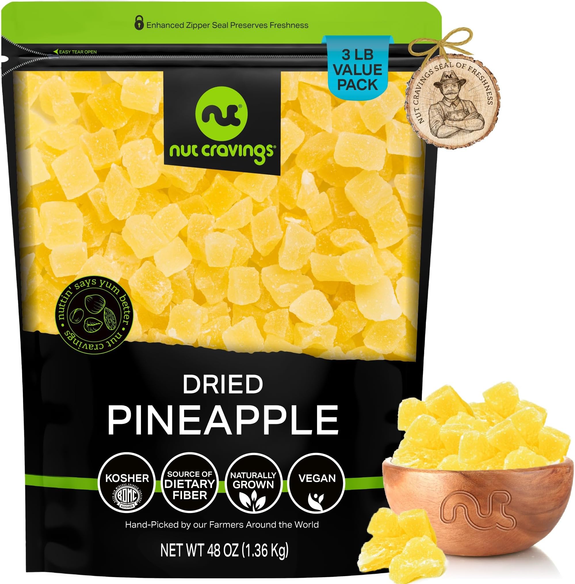 NUT CRAVINGS - Dried Pineapple Chunks, Lightly Sweetened (48oz, 3 LB) Sweet Healthy Snack, Vegan, Kosher, Resealable Bag