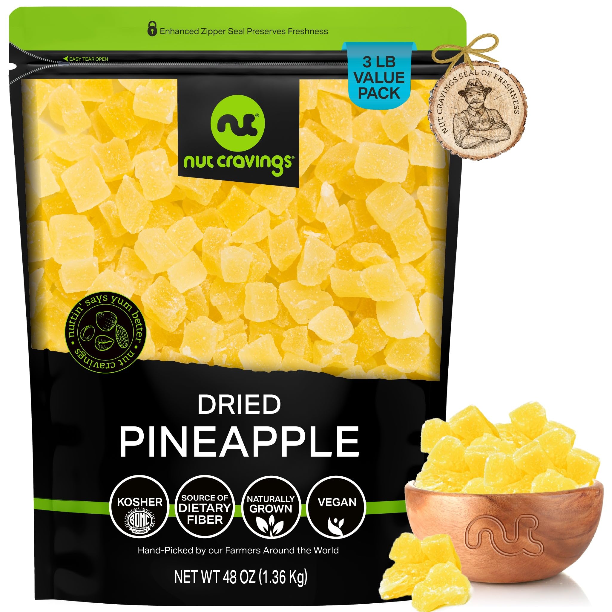 NUT CRAVINGS - Sun Dried Pineapple Chunks, Lightly Sweetened (48oz, 3 LB) Bulk Dry Fruits Packed Fresh in Resealable Bag - Sweet Healthy Snack, Naturally Grown, Vegan, Kosher