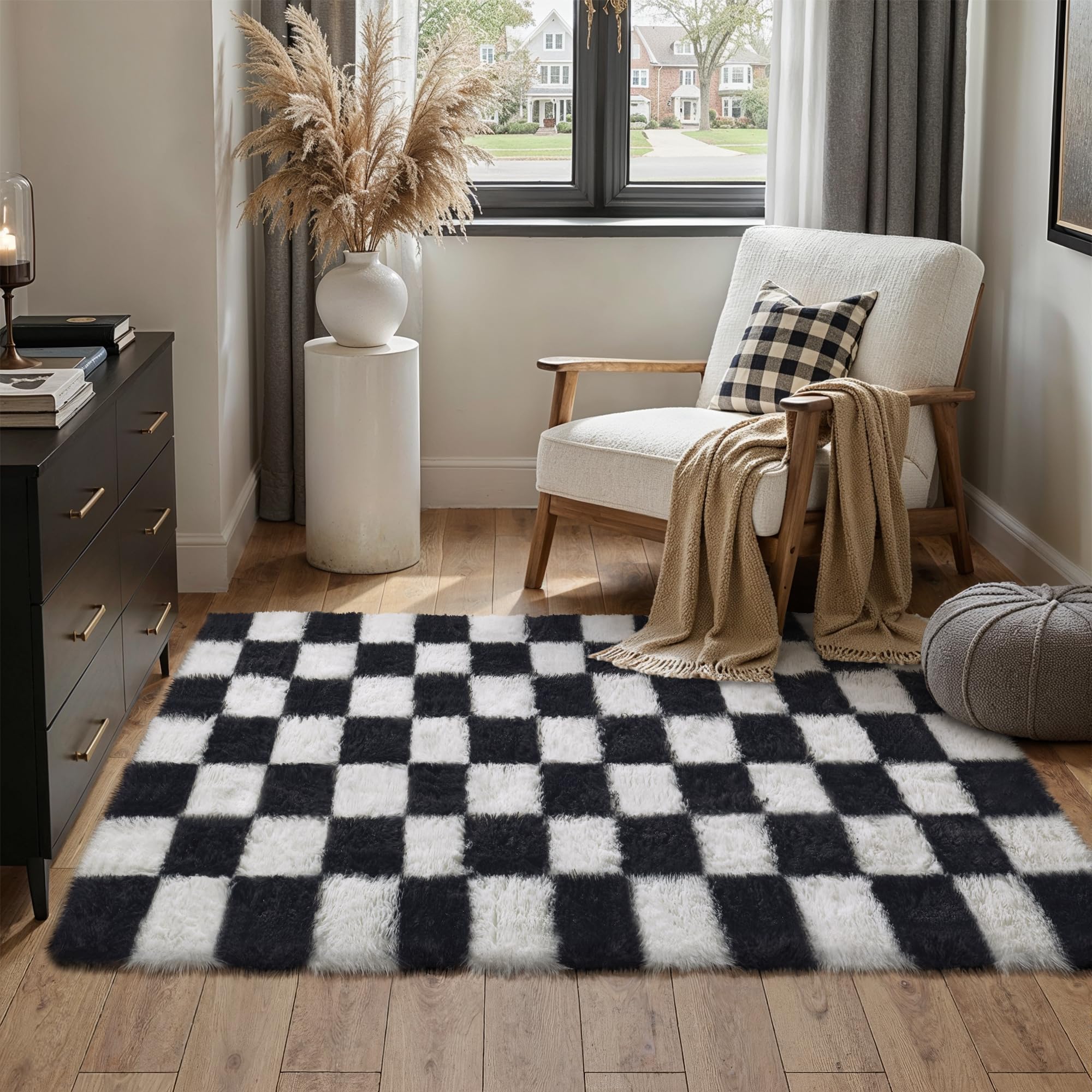purecozy checkered rug 4x6 for living room, black and white modern shag rug super soft washable fluffy rugs indoor office fuzzy carpet for bedroom home dorm aesthetic decor