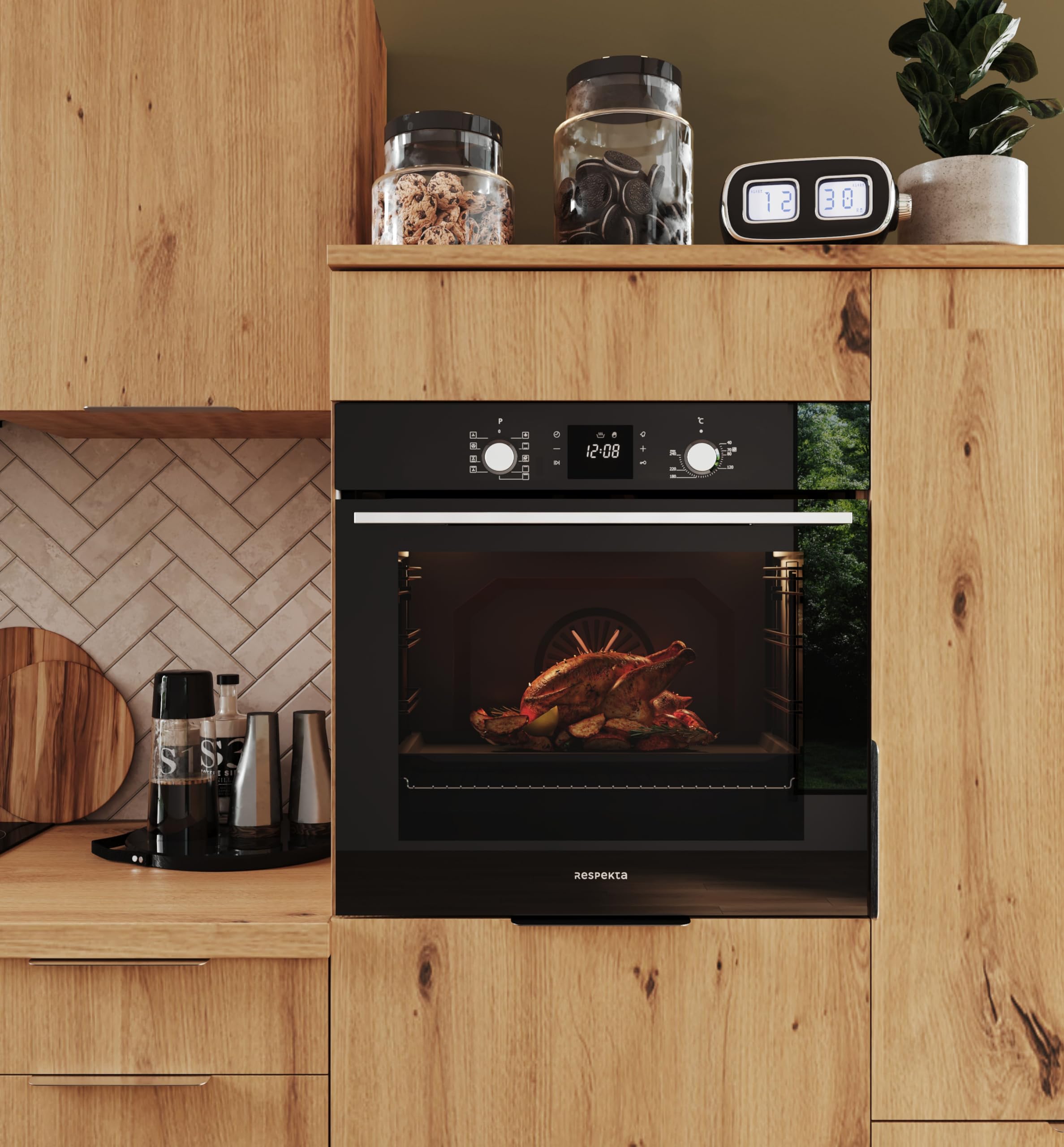 Respekta Einbaubackofen autark / 8 Beheizungsarten / 80 Liter Garraum/LED Timer mit Touch Control/Dampfreinigung/Dreifachverglaste Tür/Energieeffizienzklasse A / AB700-33