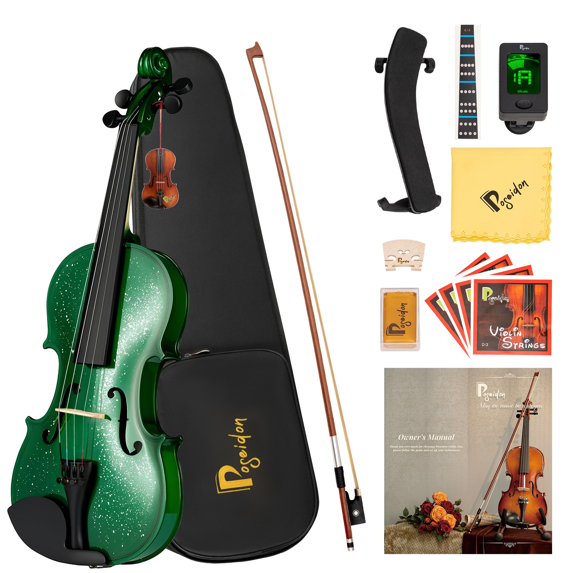 Poseidon Violin for Beginner, Full Size Violin Set for Kids Student with Hard Case, Extra 4/4 Strings Set, Violin Bow, Horse Bridges, Rosin, Shoulder Rest, Clip-on Tuner, Manual - Green Glossy Antique 4/4 Glossy Green(Starry Sky)