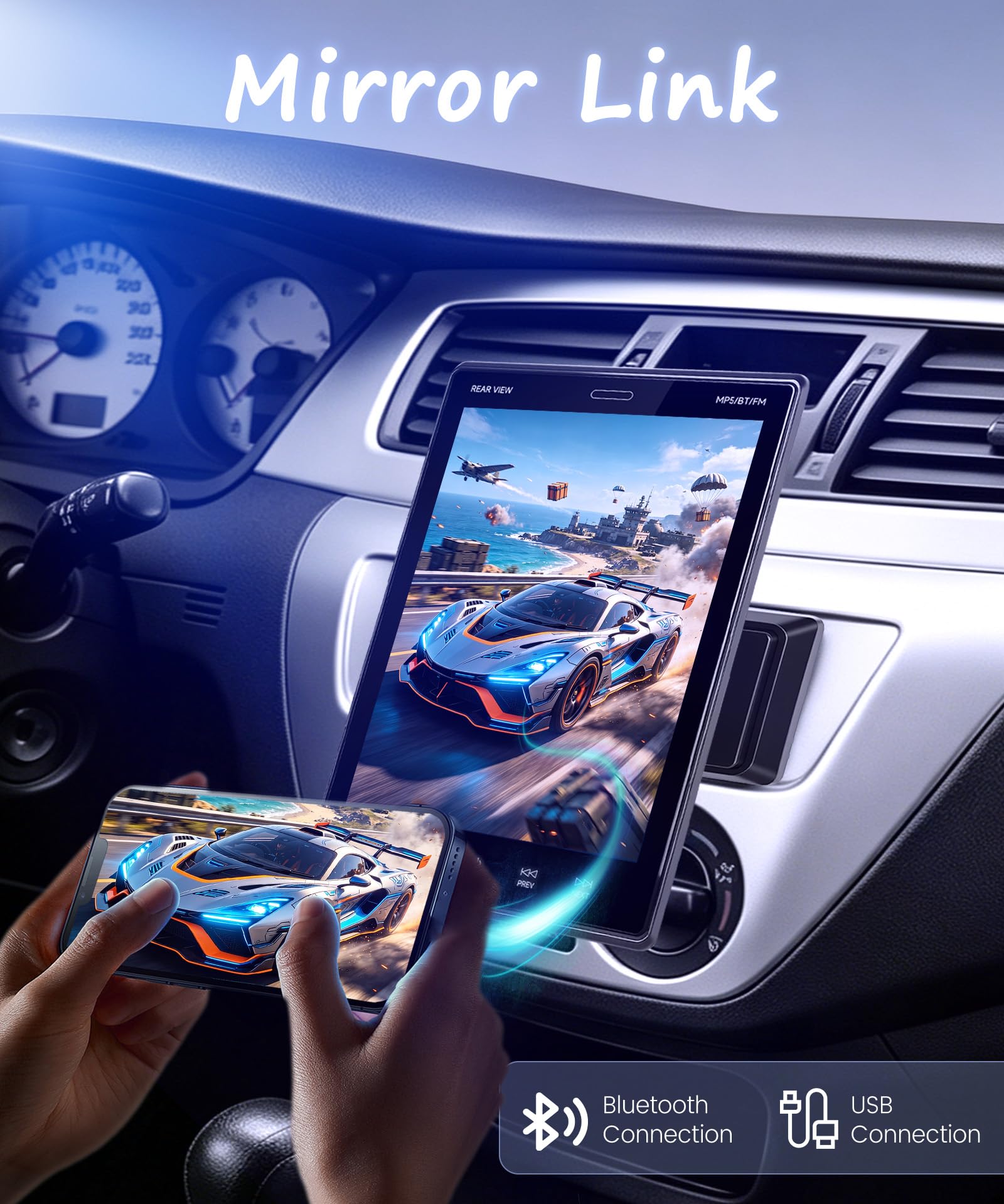 VECHTEL Radio samochodowe 1 DIN, 9,5 cala regulowany wyświetlacz dotykowy IPS, bezprzewodowy CarPlay Android Auto, Mirror Link, Bluetooth 5.2, radio FM/AM/RDS, EQ, sterowanie kierownicą, kamera