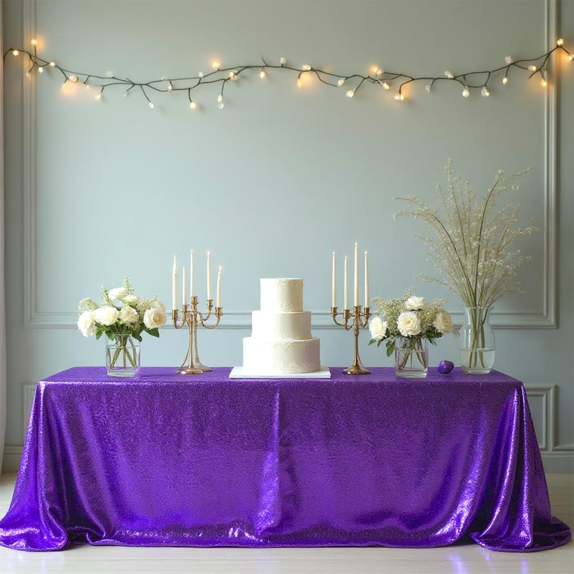 WedDecor Sequin Tablecloth 70" x 144" Rectangle Shiny Glitter Purple Table Cover For Birthdays, Wedding, Banquets, Reception, Dining Party, Baby Shower, Table Decorations, Pack of 5