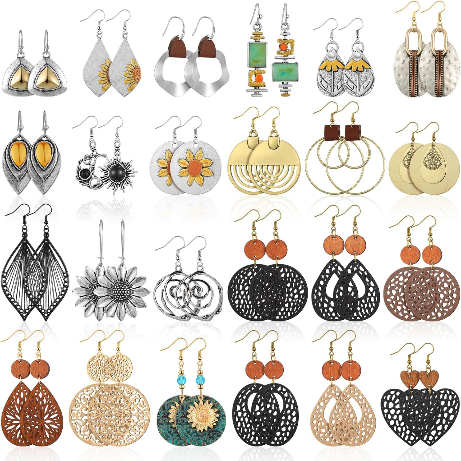 Landical 24 Pairs Boho Earrings for Women Trendy Dangle Earrings Bulk Vintage Jewelry Geometric Circle Ethnic Style Wood Bohemian Fashion Earring for Women