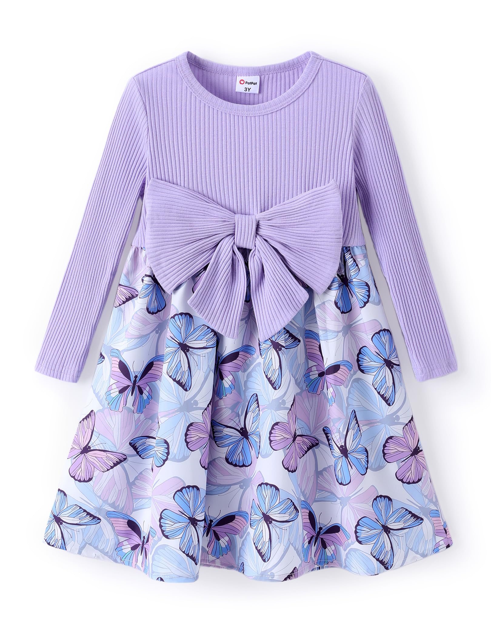 PATPAT Meisjesjurk met lange mouwen, prinsessenjurk voor meisjes, A-lijn, herfst, bloemenjurk met strikdesign in de taille, voor eerste schooldag, feest, banket, vakantie, 2-6 jaar, maat 80-116, lila