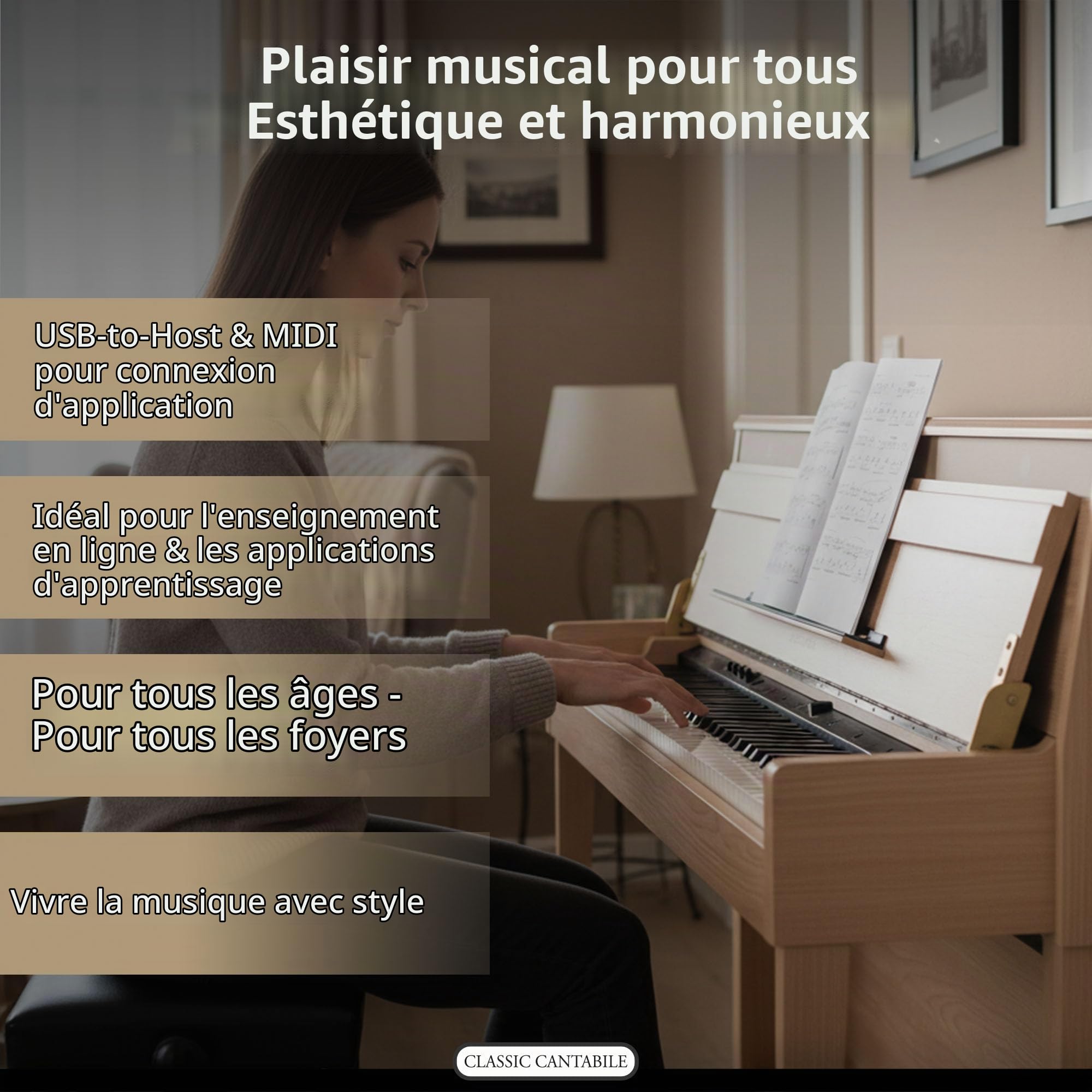 Classic Cantabile UP-1 LA Piano Droit Numérique - 88 Touches pondérées avec clavier à marteaux - Synthetiseur avec USB, MIDI-Interface 40 voix, 256 polyphonie, fonction d'enregistrement - Chêne Clair