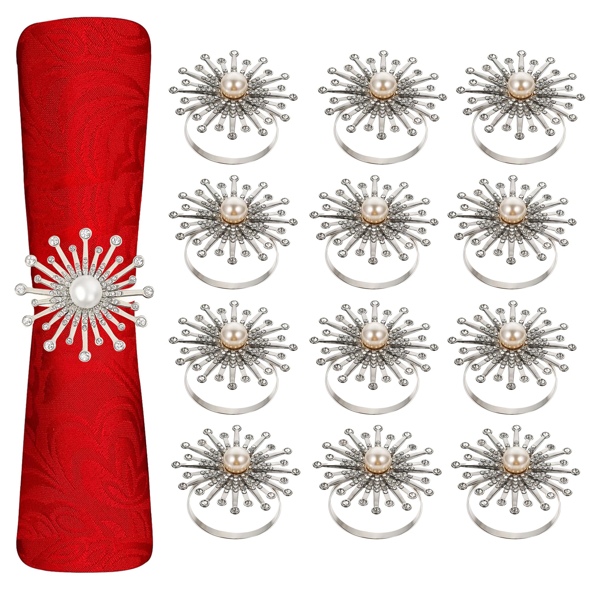 Trimming Shop Sunburst Motif Pearl Napkin Rings, Silver Napkin Ring Holders with Diamante Rhinestones, Table Decor Serviettes Holders for Christmas Dinner - Pack of 18