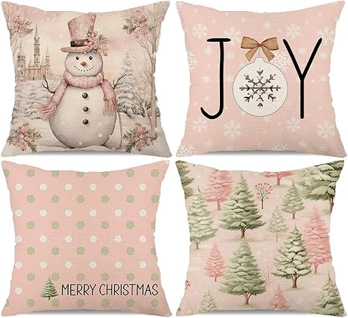 Faromily Juego de 4 fundas de almohada de Navidad rosas de 18 x 18 pulgadas, diseño de muñeco de nieve, copos de nieve, árboles de Navidad, fundas Faromily Juego de 4 fundas de almohada de Navidad rosas de 18 x 18 pulgadas, diseño de muñeco de nieve, copos de nieve, árboles de Navidad, fundas