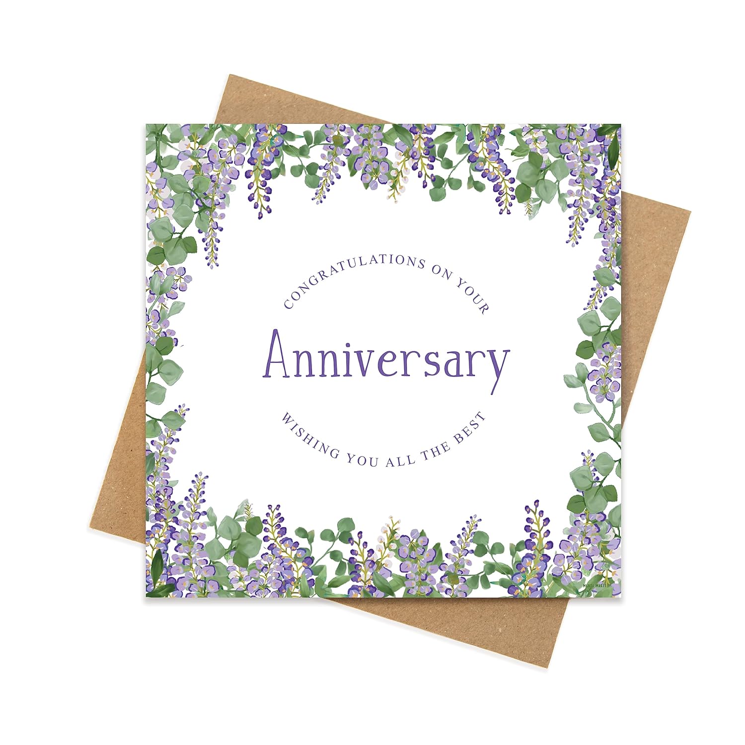 Congratulations wedding engagment or anniversary card purple mauve wisteria flowers and leaves