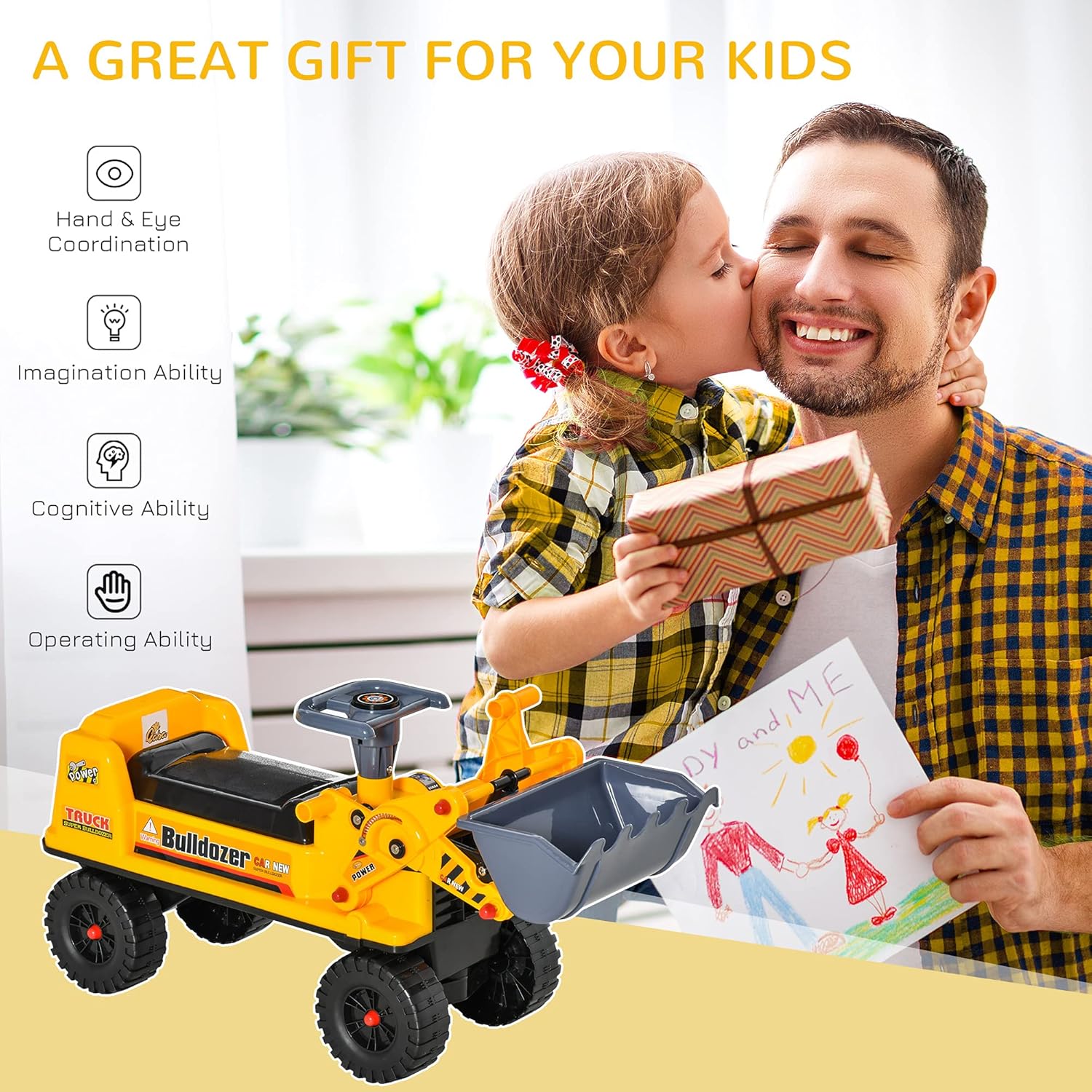 Yellow and Gray Kids Ride-On Bulldozer with Storage