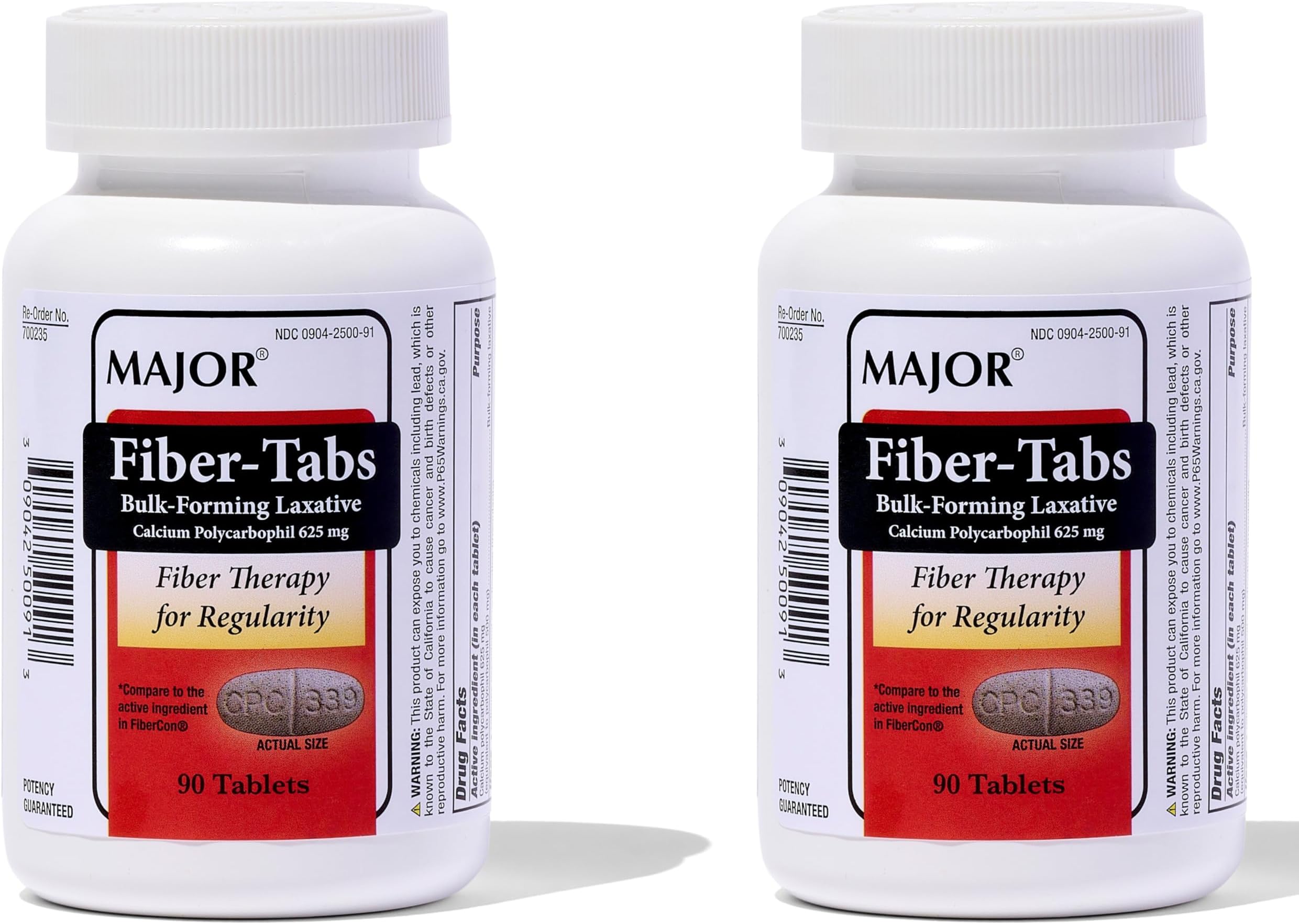 MAJOR Fiber-Tabs 625 Mg Tablets - Fiber Therapy for Regularity - Occasional Constipation Relief for Adults - 90 Count (2 Pack)