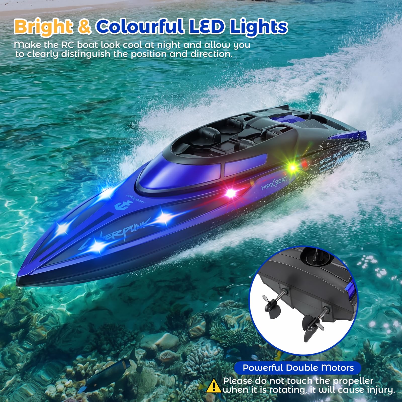 Coikes Barco Teledirigido Barcos RC con luz LED Barco de Control Remoto 2,4 GHz Barco De Carreras Rápido para Niños y Adultos Juguete de Piscina Barco Eléctrico para Mares, Piscinas y Lagos