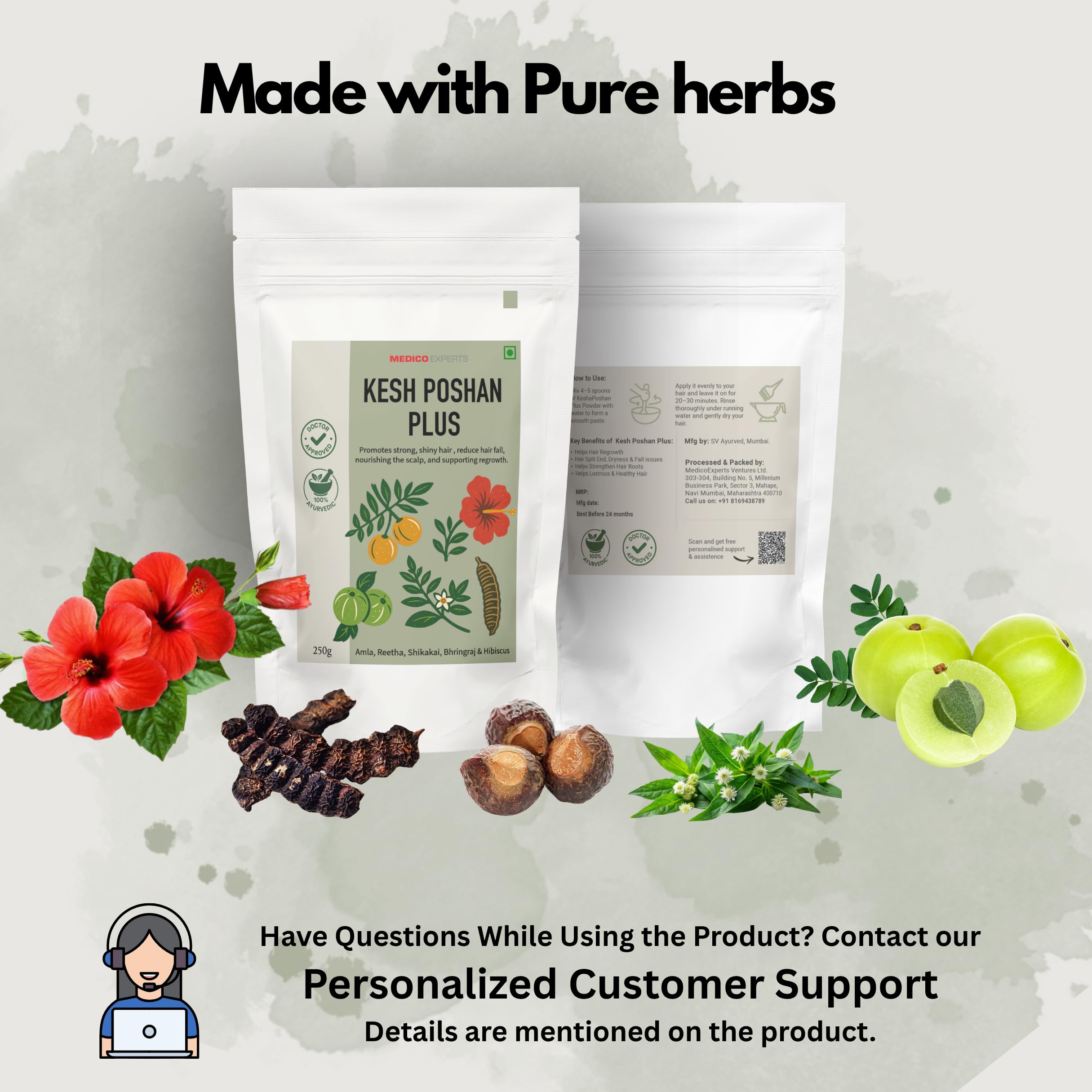 MedicoExperts KeshPoshan Plus (250gm) Bringraj Powder,Hibiscus Powder, Amla, Shikakai, Reetha Hair Pack for Hair Growth & Shine, HairFall, Split Ends, Dryness - Anti-Dandruff 3