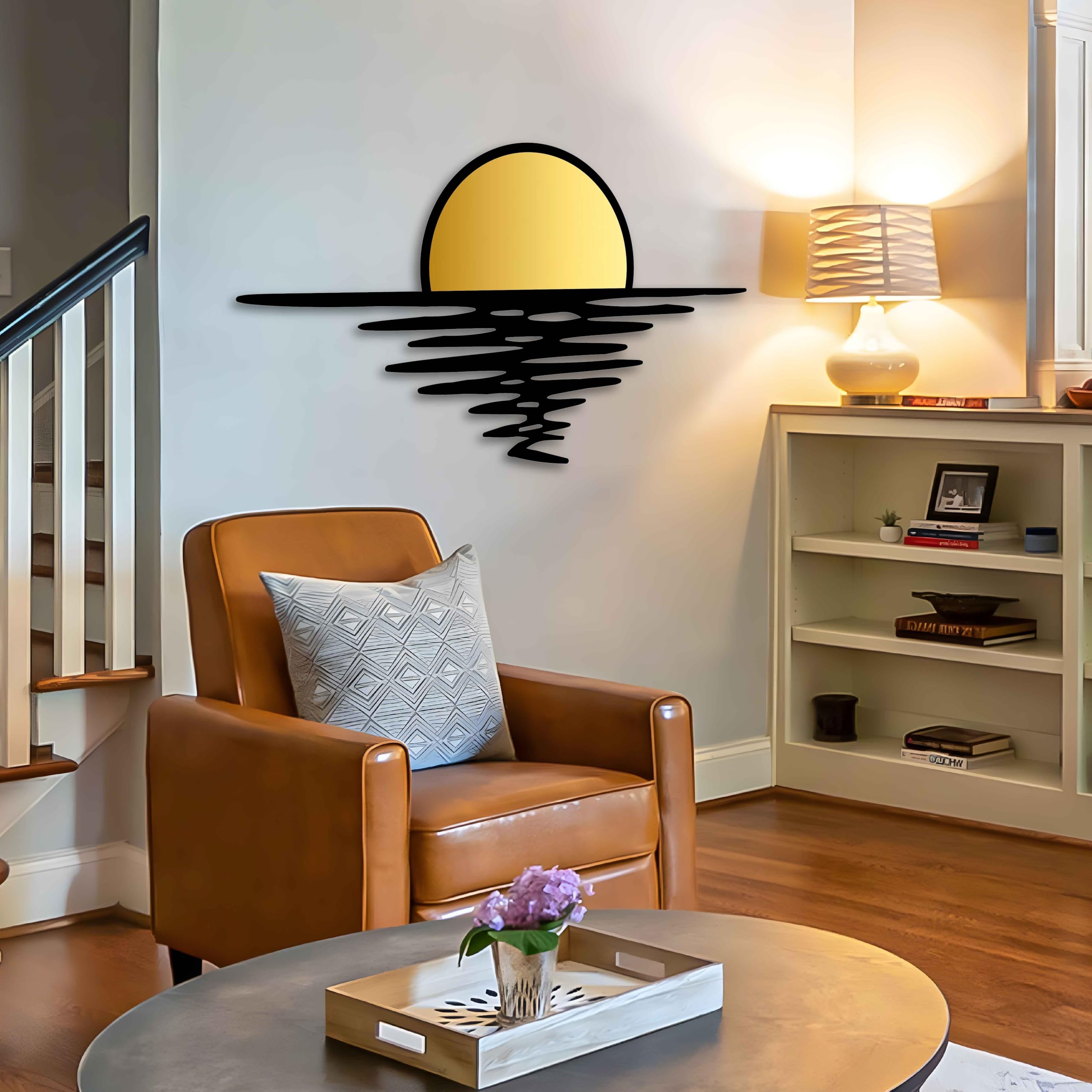 Wandkunst, Motiv: Sonnenuntergang, goldfarben und schwarz, Metall, abstrakter Sonnenaufgang, Heimdekoration, große Metall-Wanddekoration über dem Sofa oder über dem Bett, Hochzeitsgeschenk
