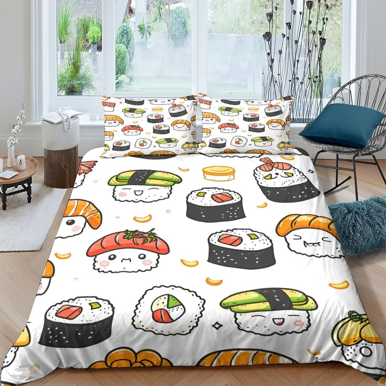 Ctjqhvkz Style-8 3D Printed Sushi Cartoon Fitted Sheet Microfiber Soft Washable Kawaii Japanese Food Mattress Cover Bedroom Decor Single（135X200cm）